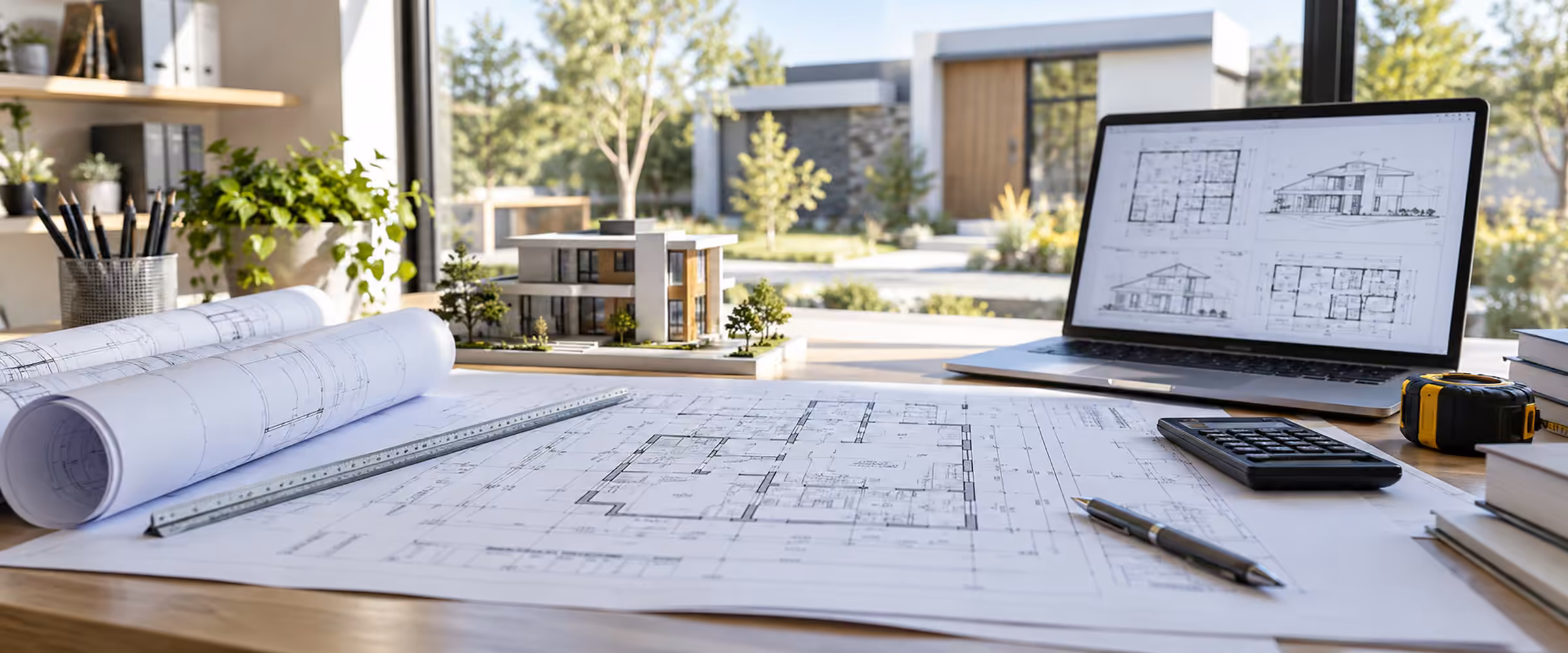House plans, a scale ruler and a laptop showing floor plans on a desk