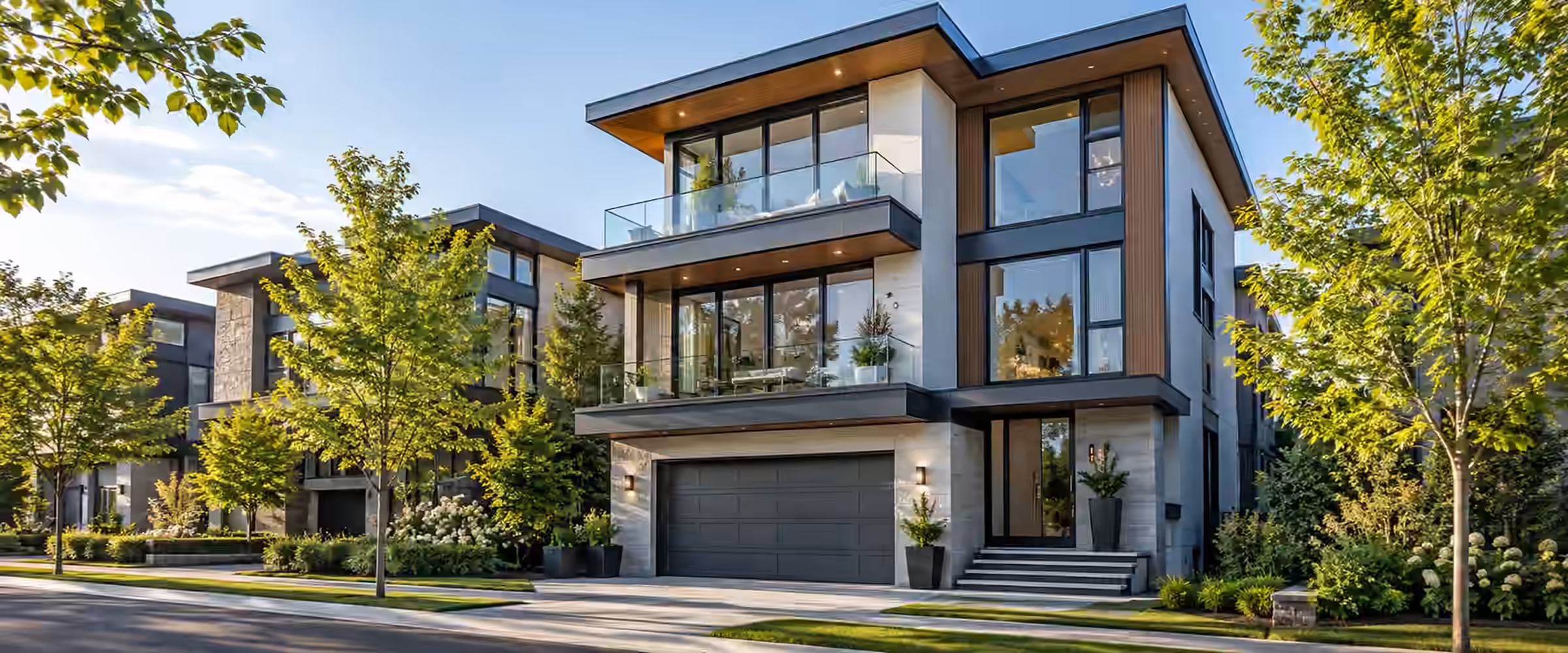 Contemporary three storey home with timber cladding and glass balconies