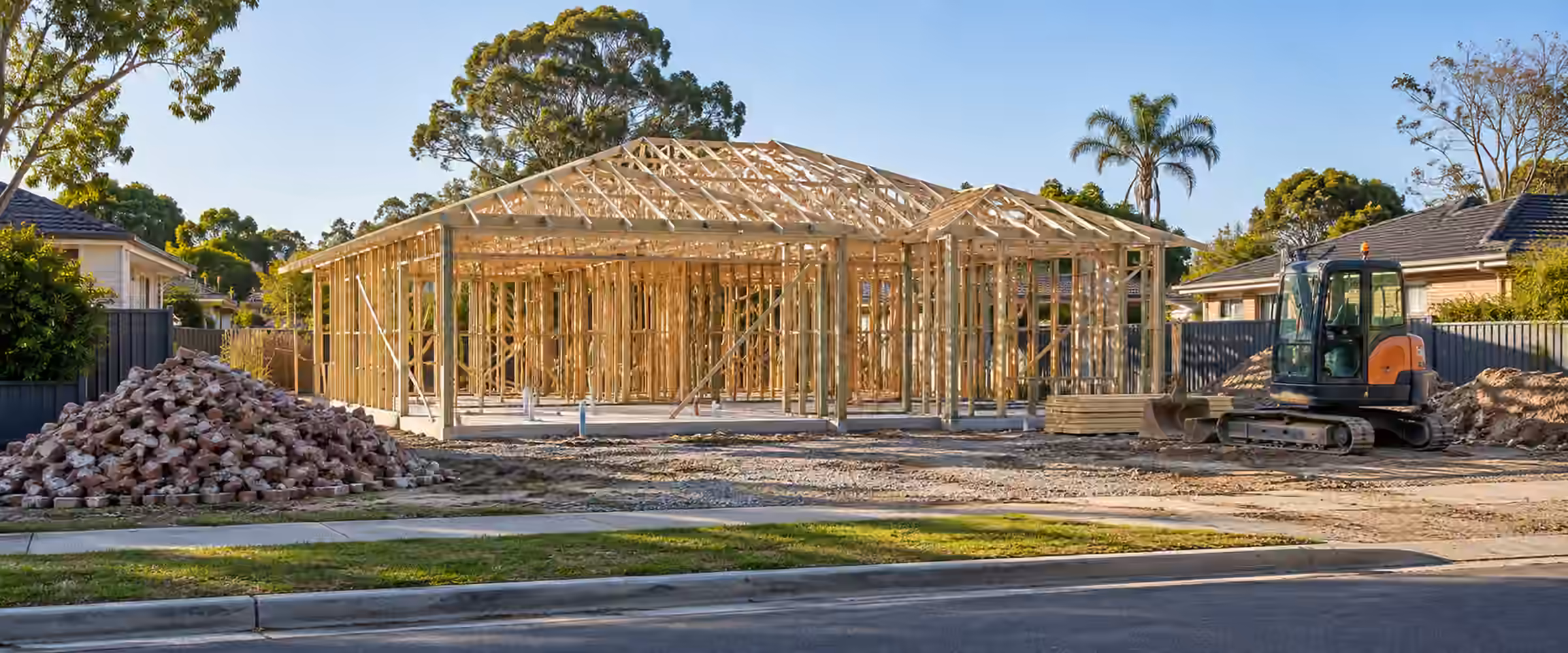 New timber house frame on a cleared lot beside demolition rubble