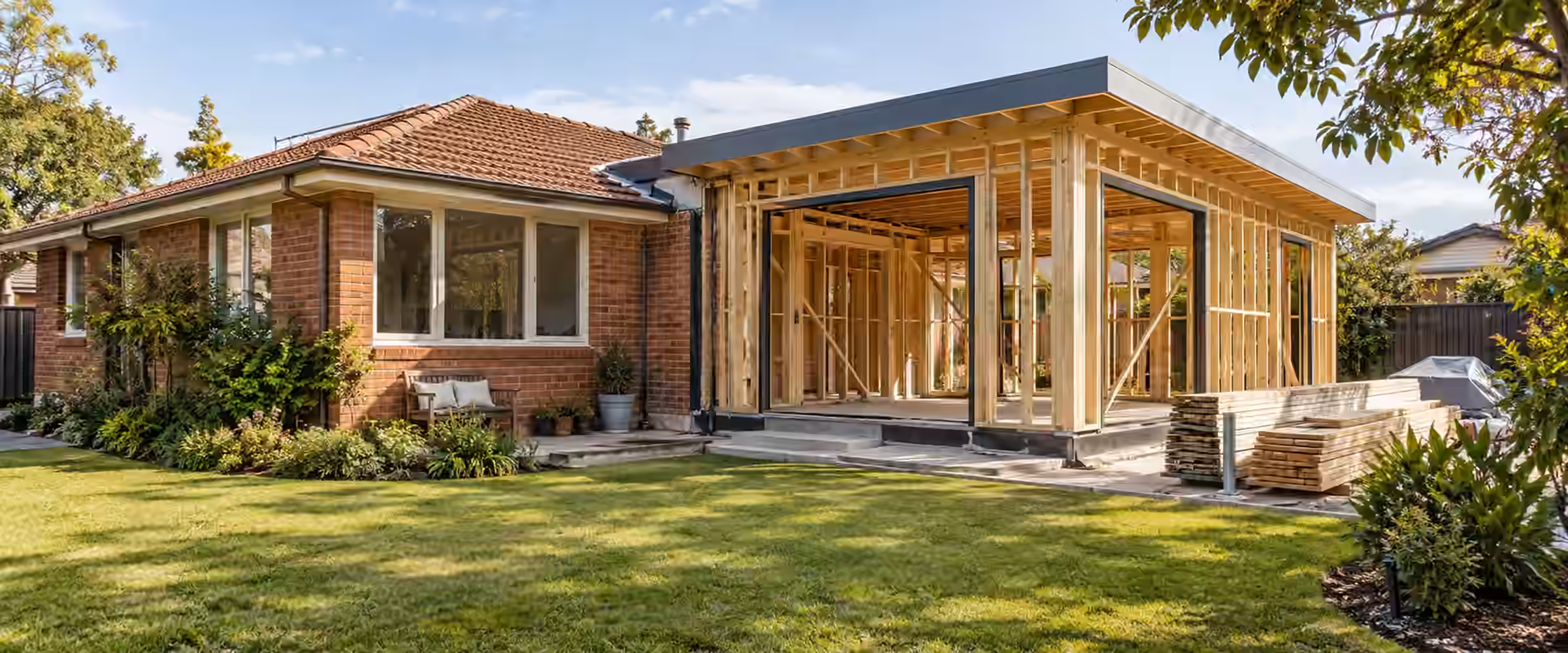 Brick home with a new timber-framed extension at the side
