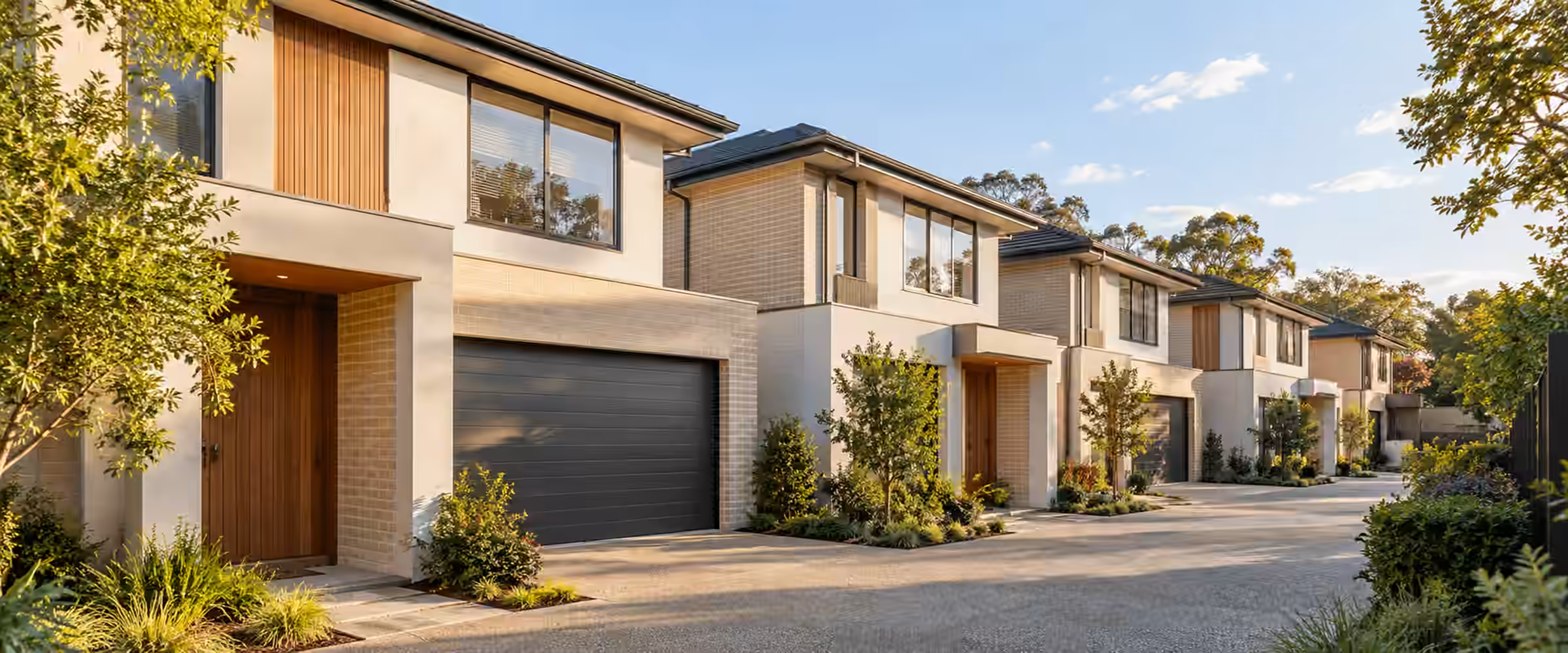 Row of new two-storey townhouses with individual garages