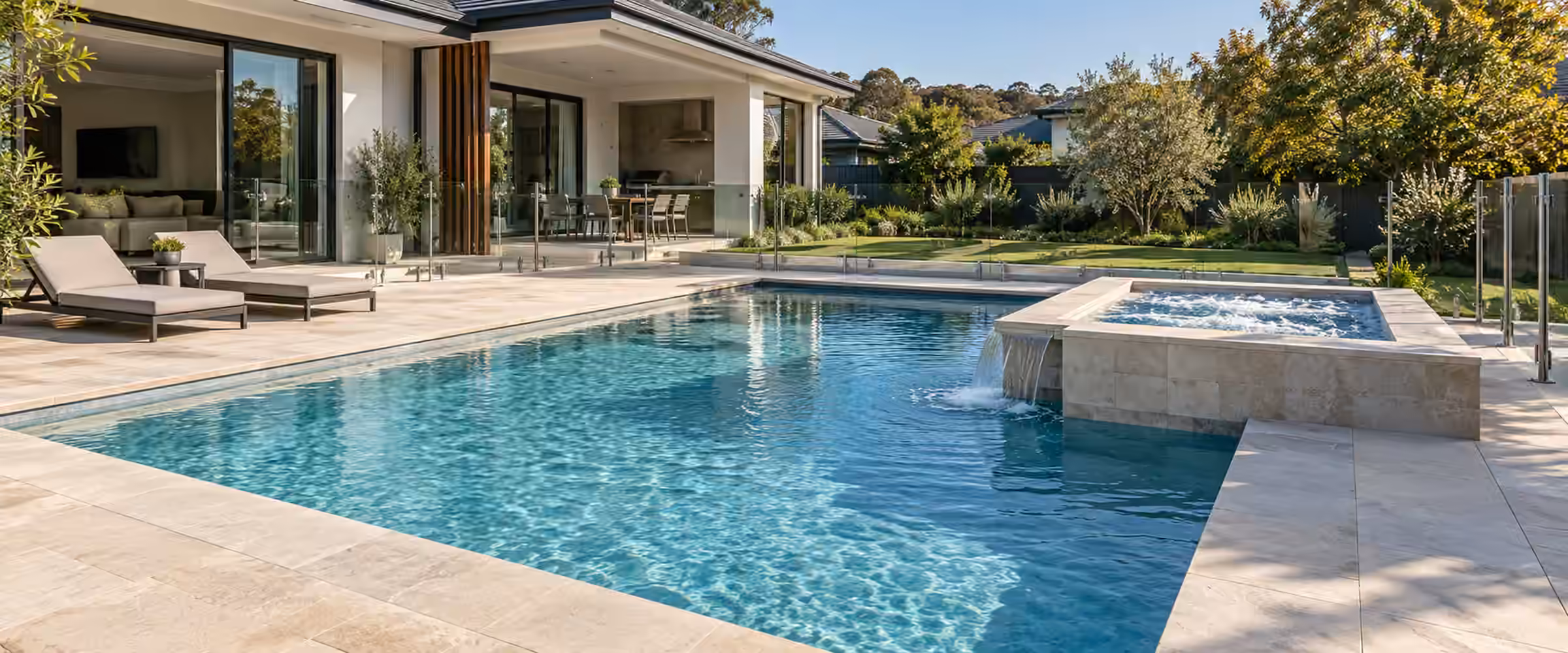 In-ground swimming pool with a raised spa beside a modern home