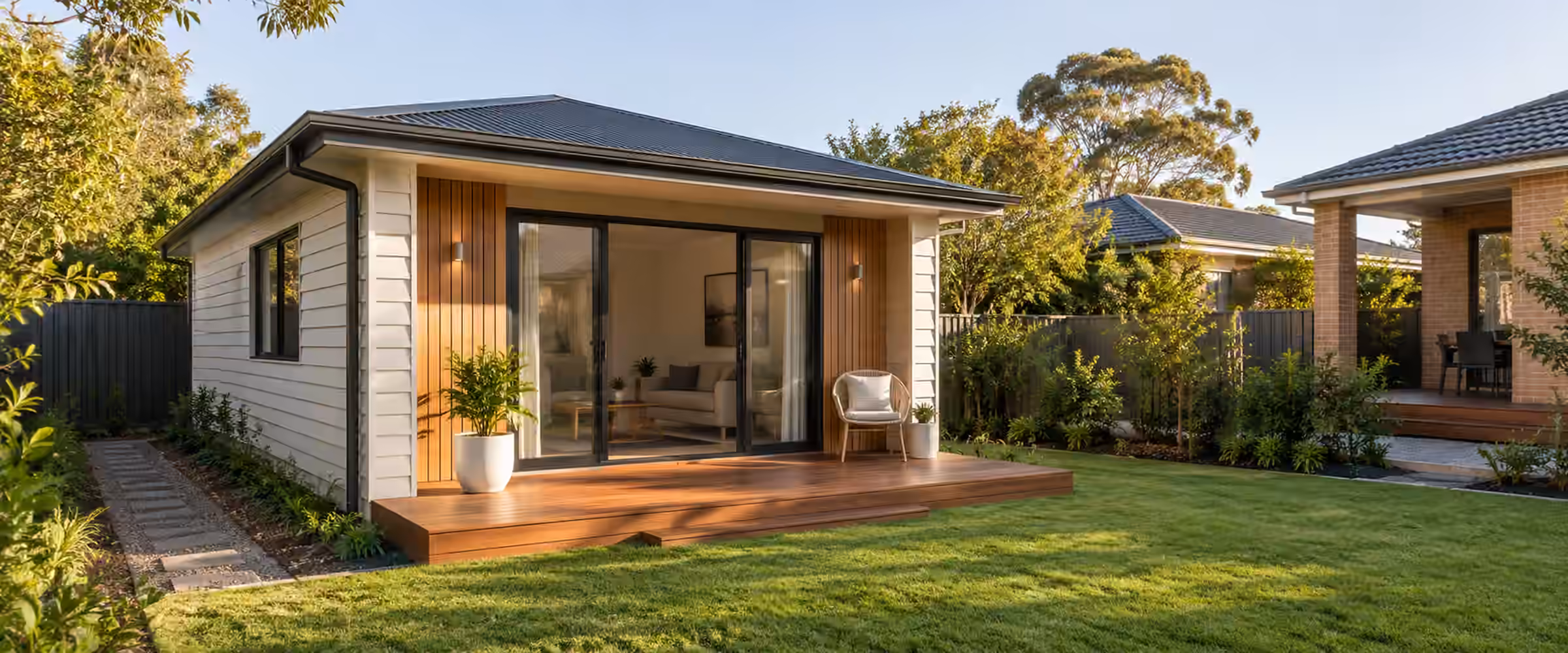 Single-storey granny flat with a timber deck in a backyard