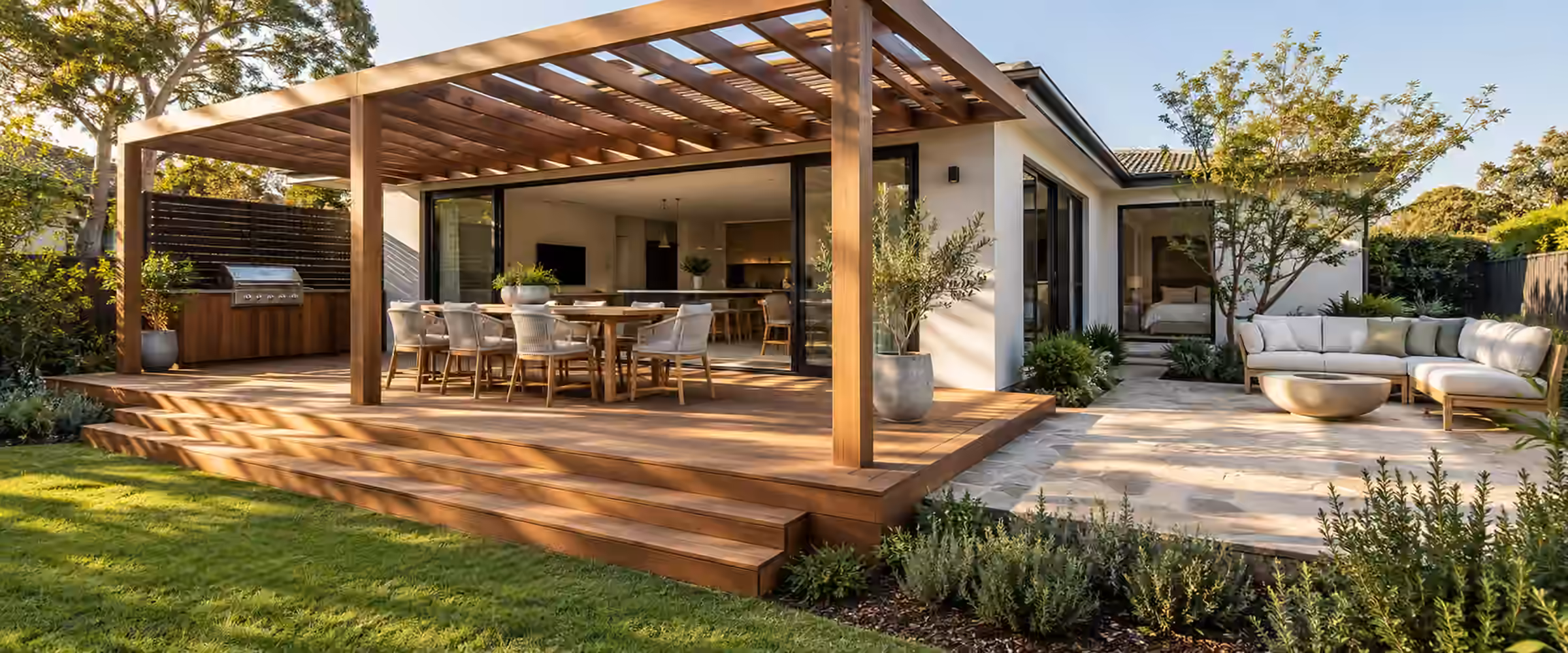 Timber deck under a pergola with outdoor dining, beside a paved patio and lawn