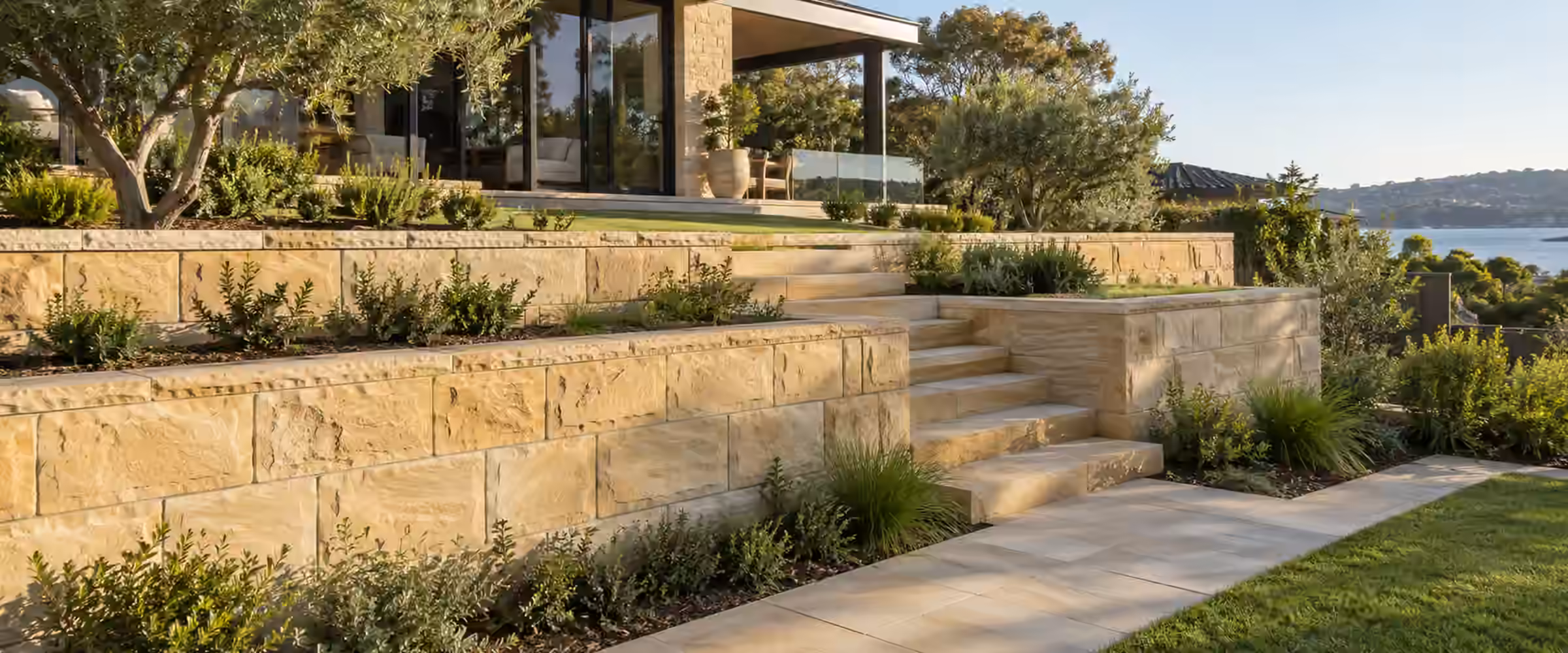 Sandstone block retaining walls and steps terracing a sloping backyard