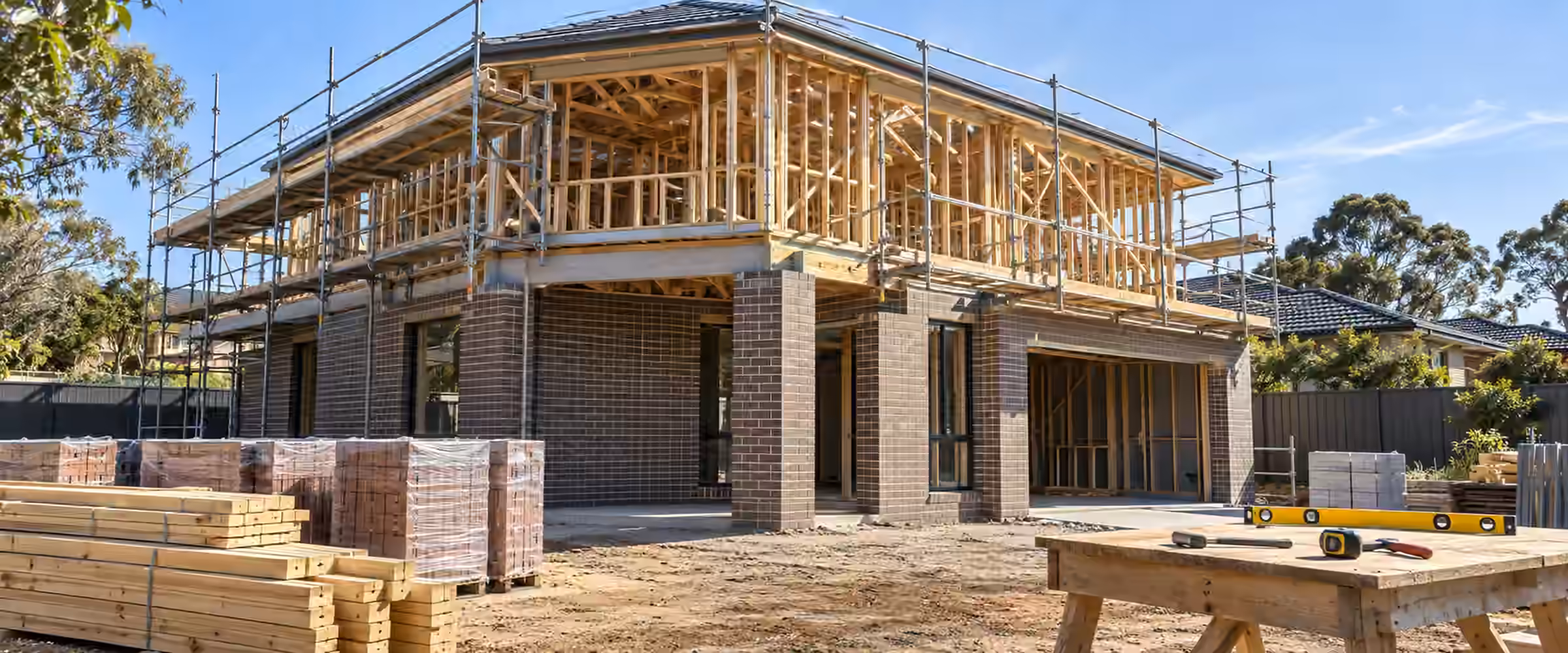 Two-storey brick home under construction with timber upper-floor framing and scaffolding