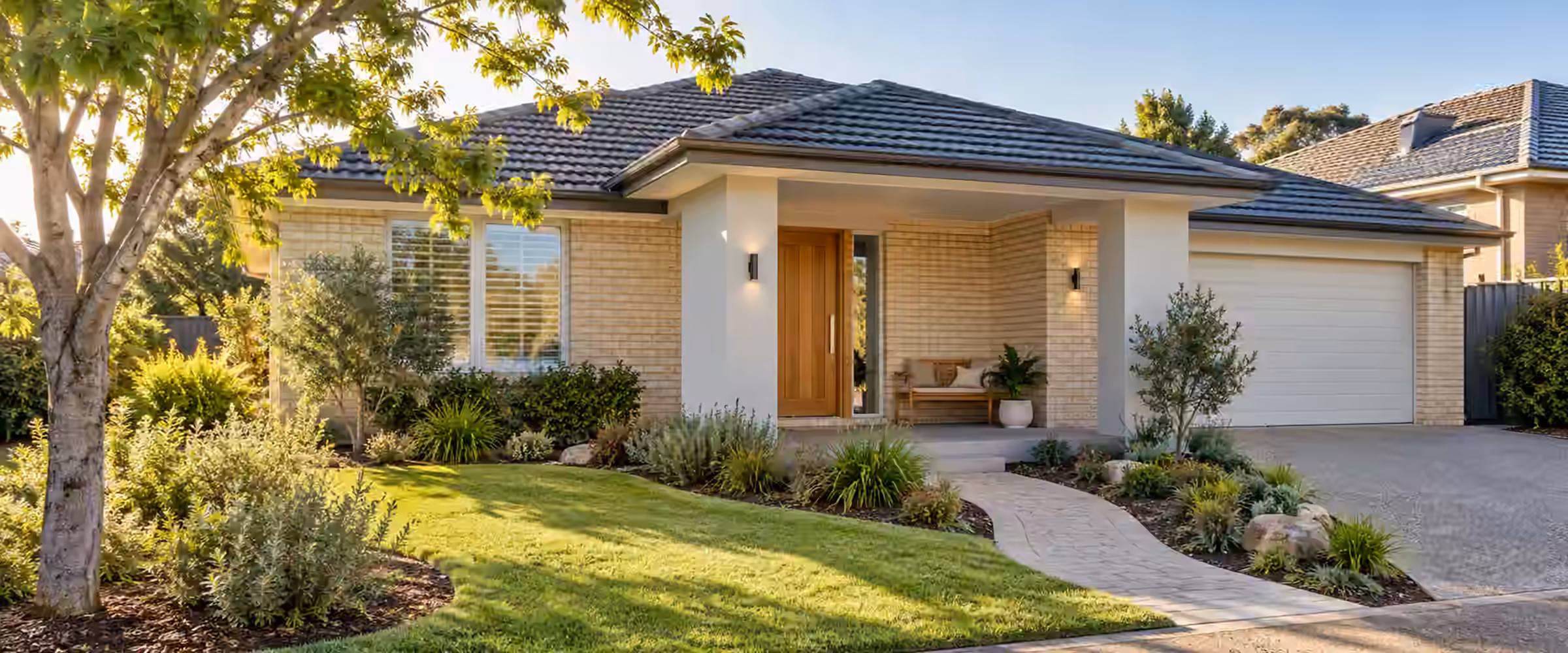 Single-storey brick and render home with a timber front door, double garage and landscaped front garden