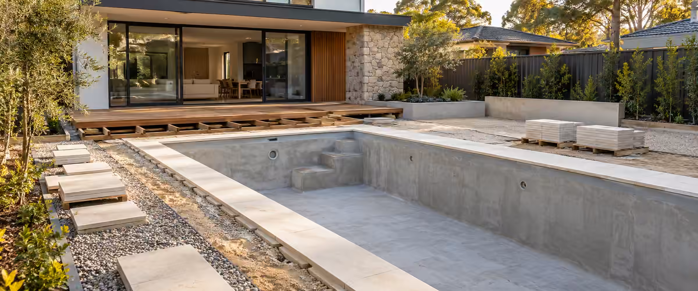 In-ground concrete pool shell under construction behind a new home with a timber deck