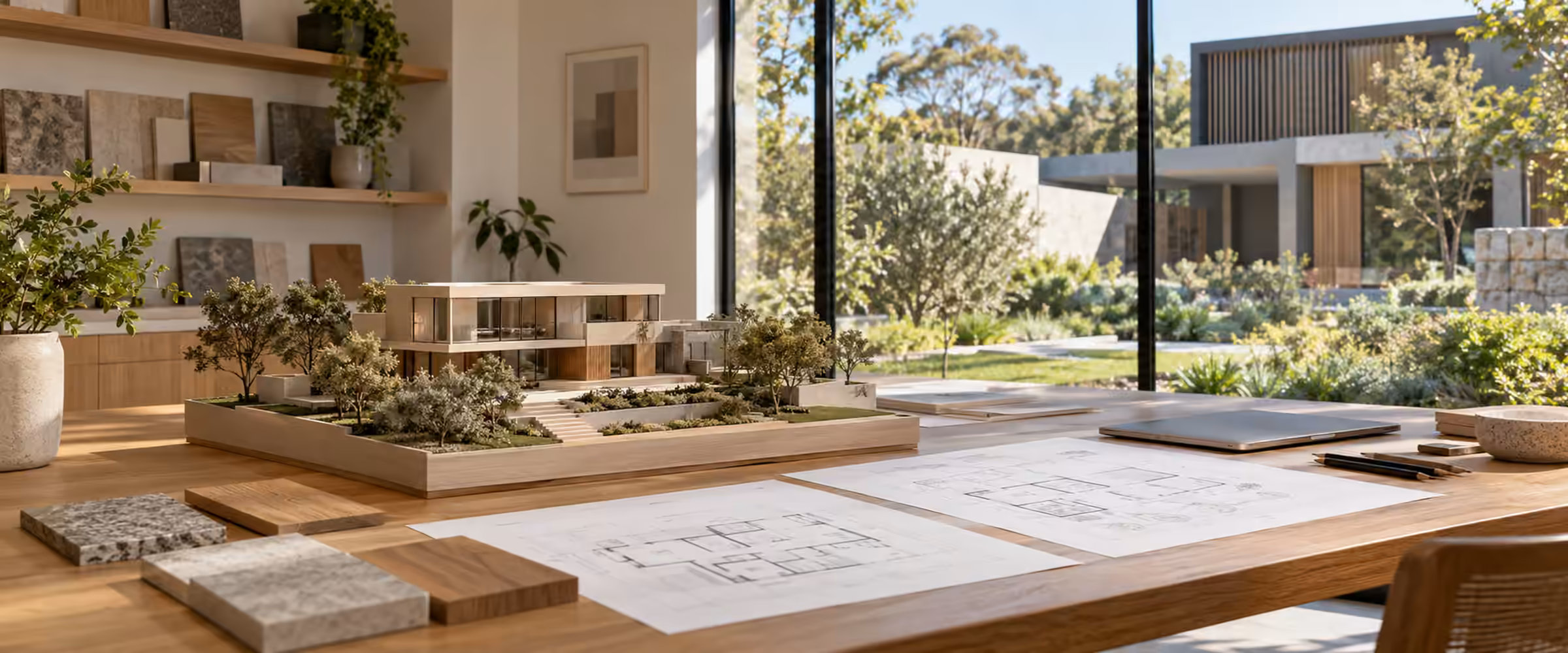 Architectural plans and a scale model on a timber table in a design studio