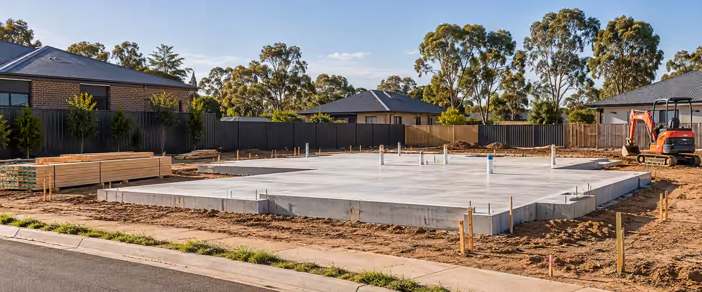 Newly poured concrete slab on a cleared residential lot with an excavator nearby