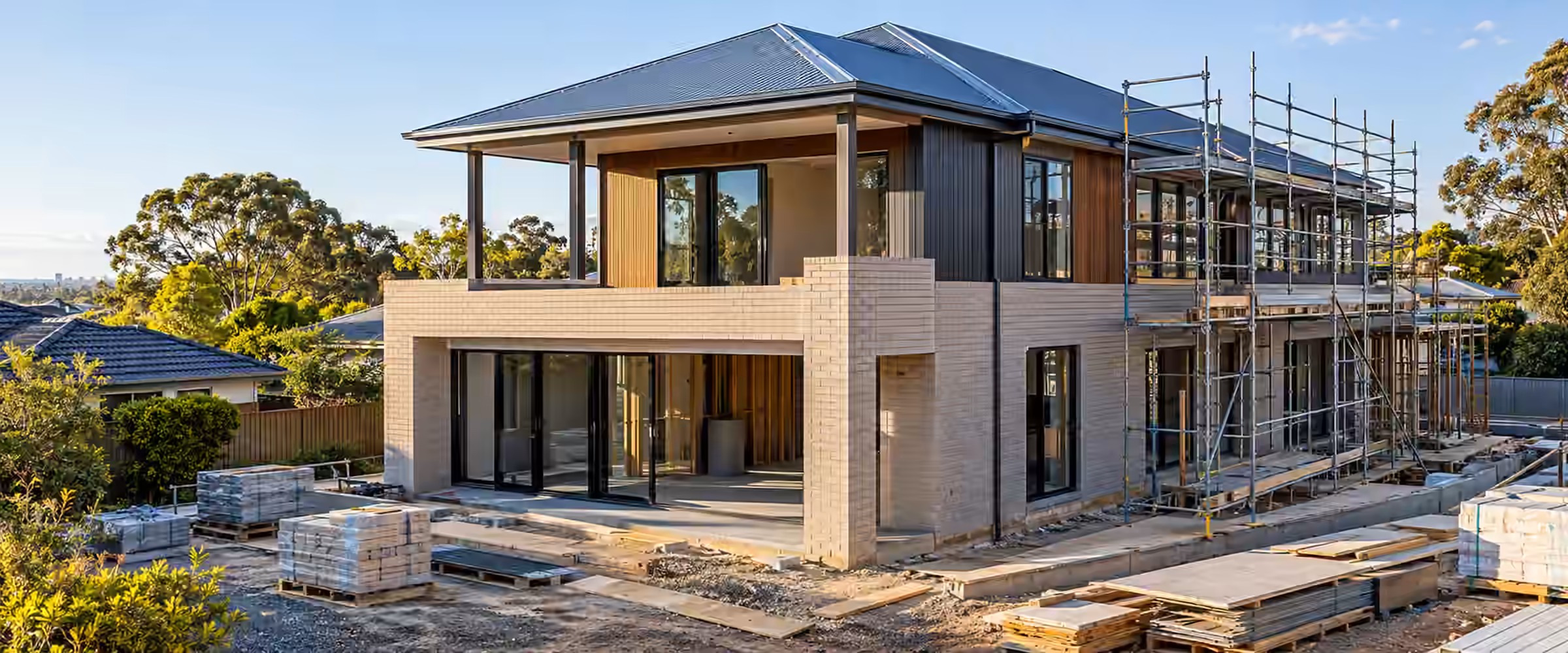 Two-storey home nearing completion with scaffolding along one side and materials on site