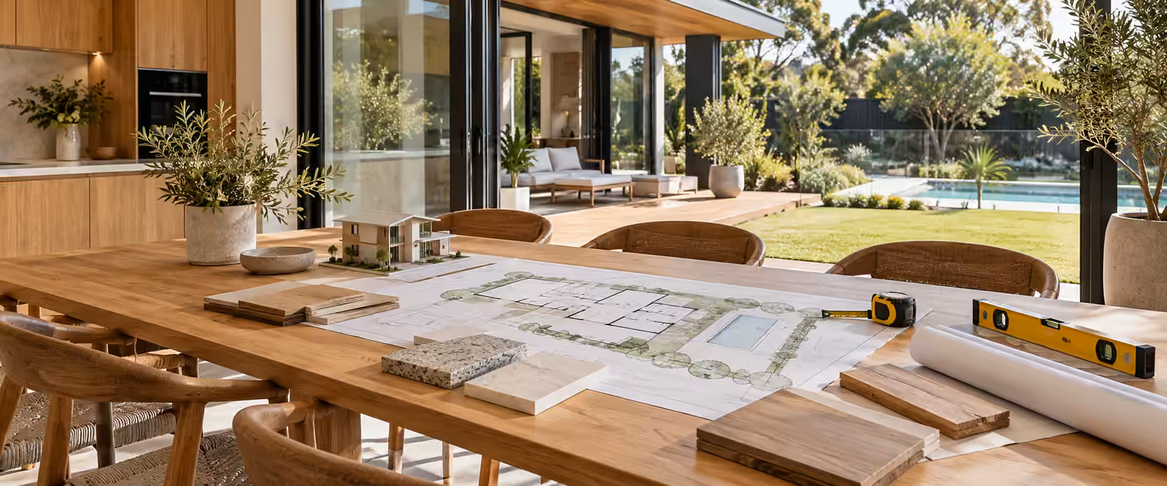 Site plans, a scale model, levels and a tape measure on a timber table, with a pool and garden outside