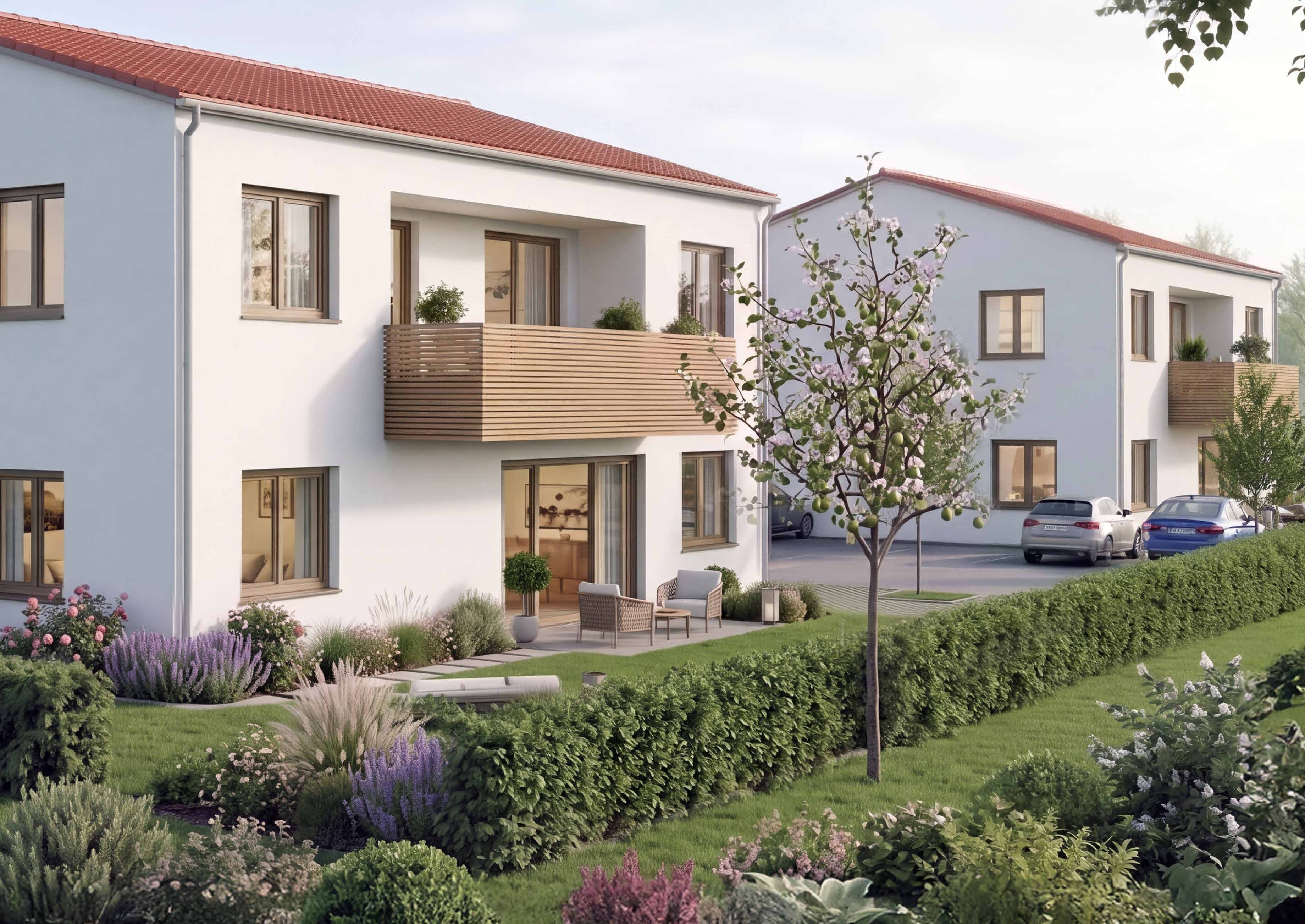 Architekturvisualisierung der beiden Wohnhäuser im dritten Bauabschnitt in Abensberg mit geplanter QNG-Zertifizierung