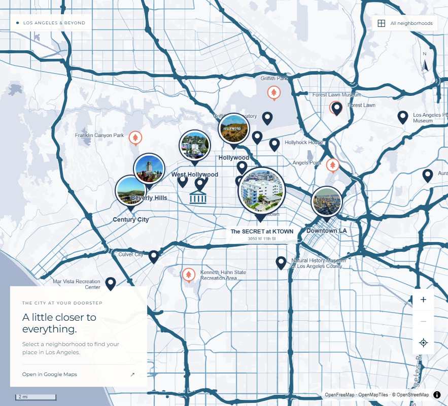 Neighborhood map preview with The Secret and Los Angeles landmarks