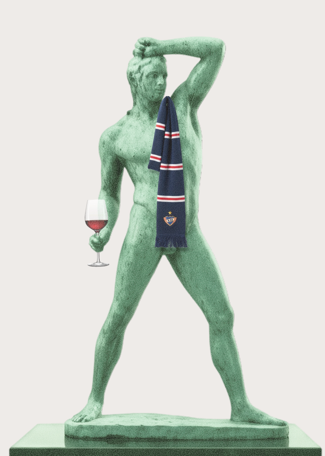 Statue wearing a B93 scarf holding a glass of wine