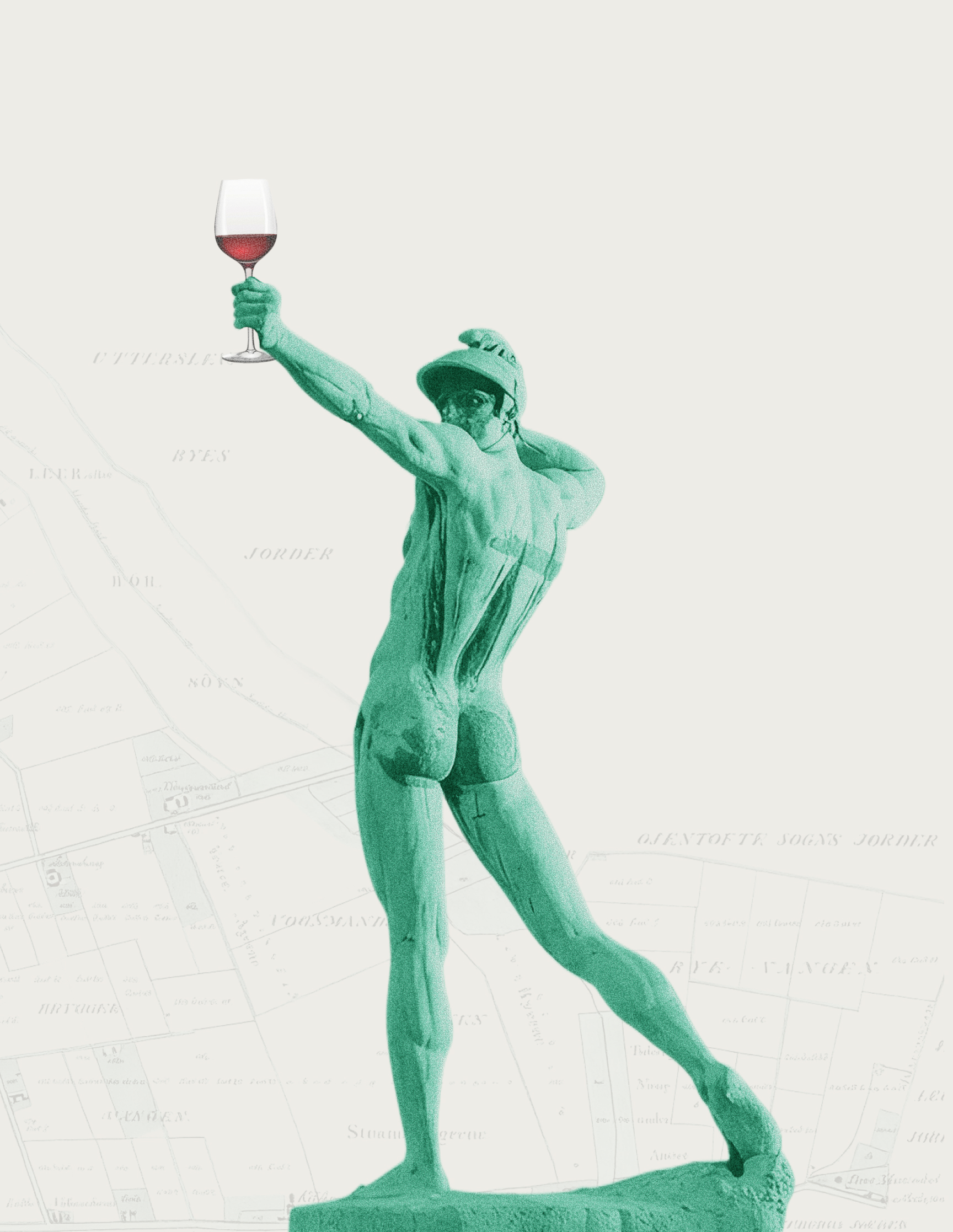Bronze statue raising a glass of red wine