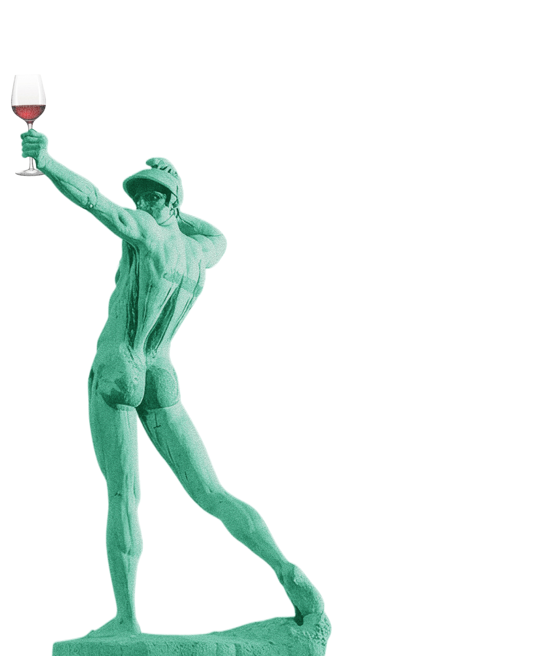 Bronze statue raising a glass of red wine