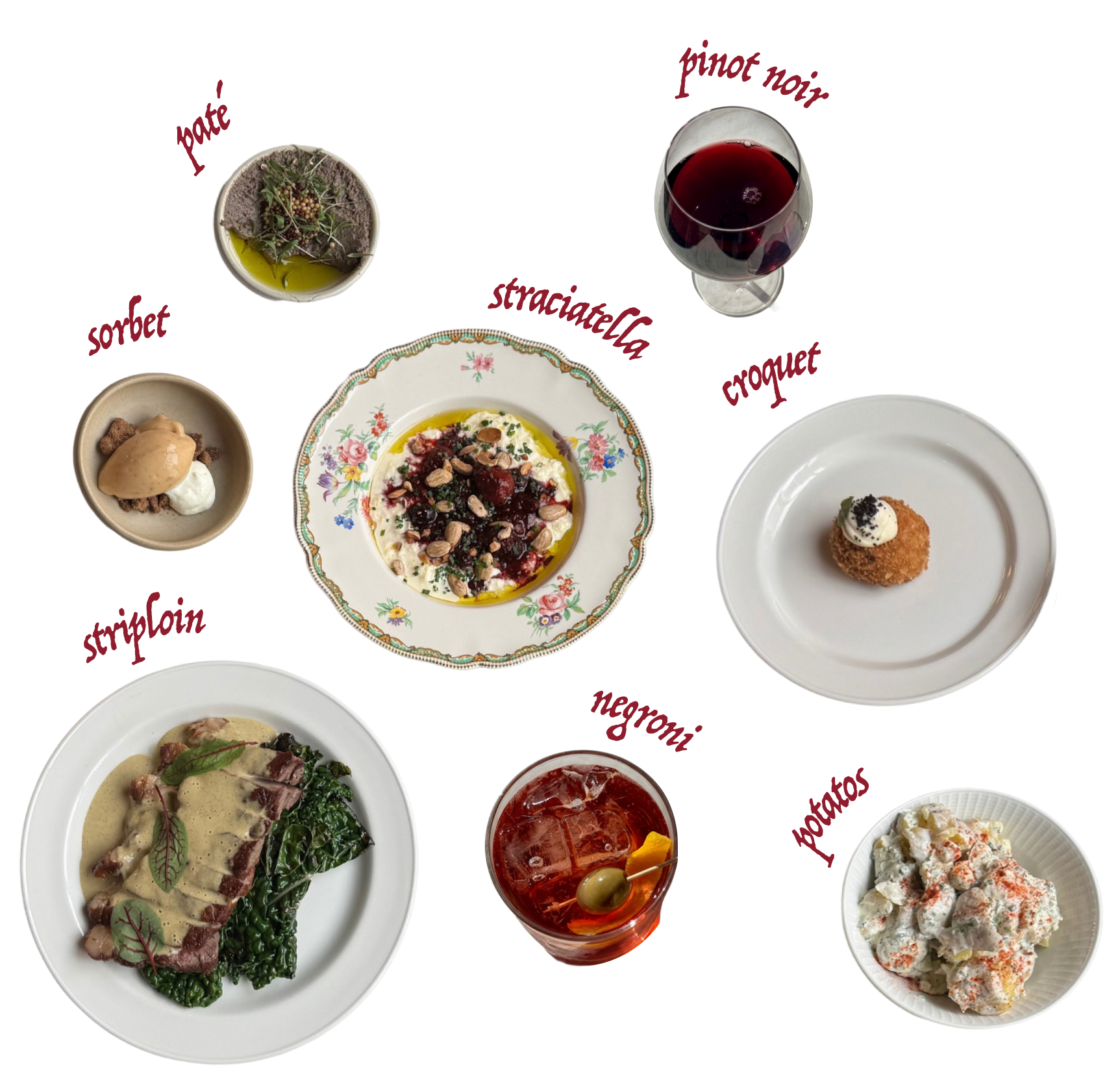 Dishes from the menu: paté, sorbet, striploin, stracciatella, negroni, croquetas, potatoes and pinot noir