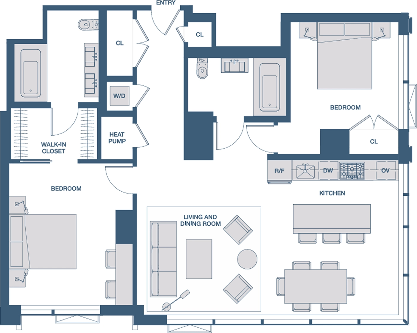 Residence 207 floor plan showing two bedrooms, two bathrooms, kitchen, living and dining room