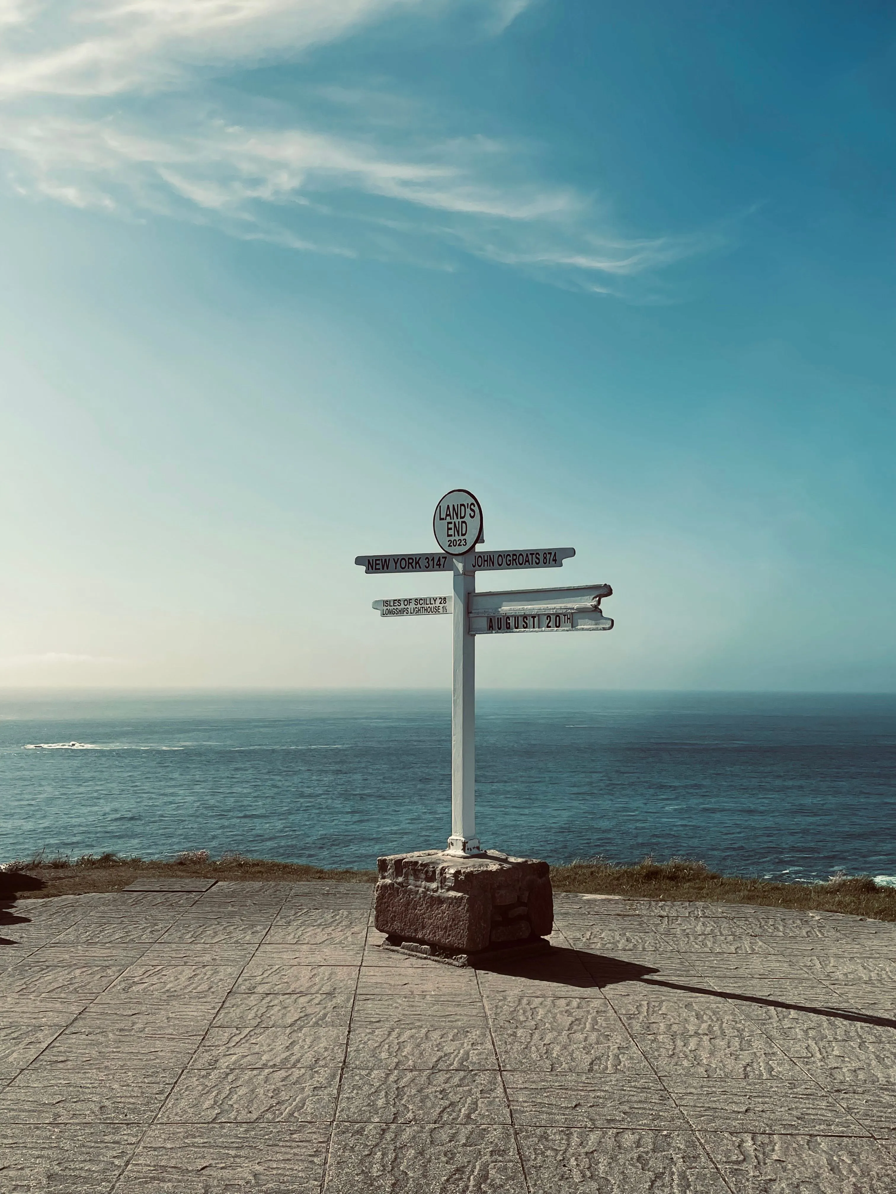 Land's End signpost on clifftop paving with calm blue sea and sky