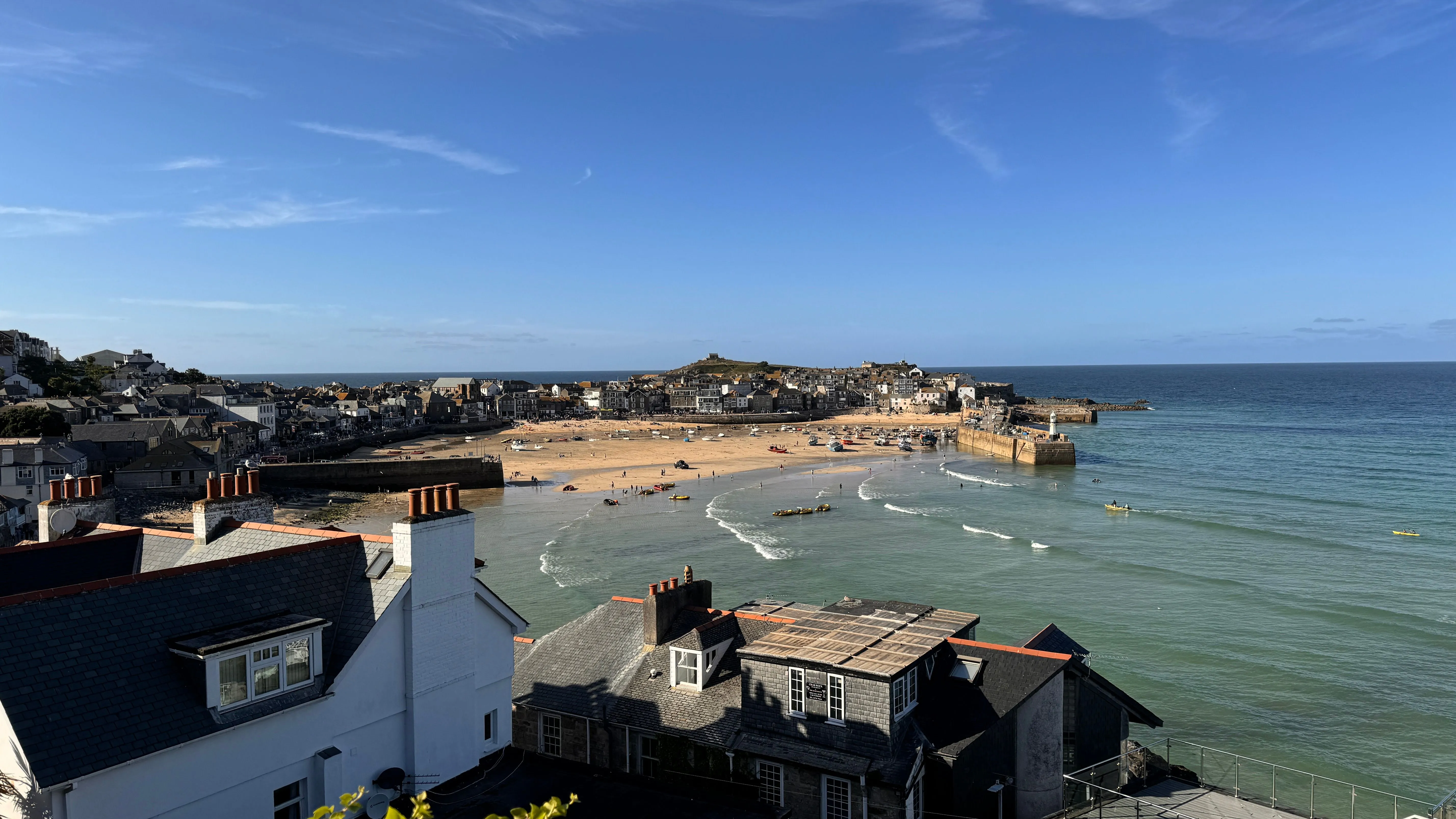 St Ives bay with harbour beach and slate-roofed town, Cornwall