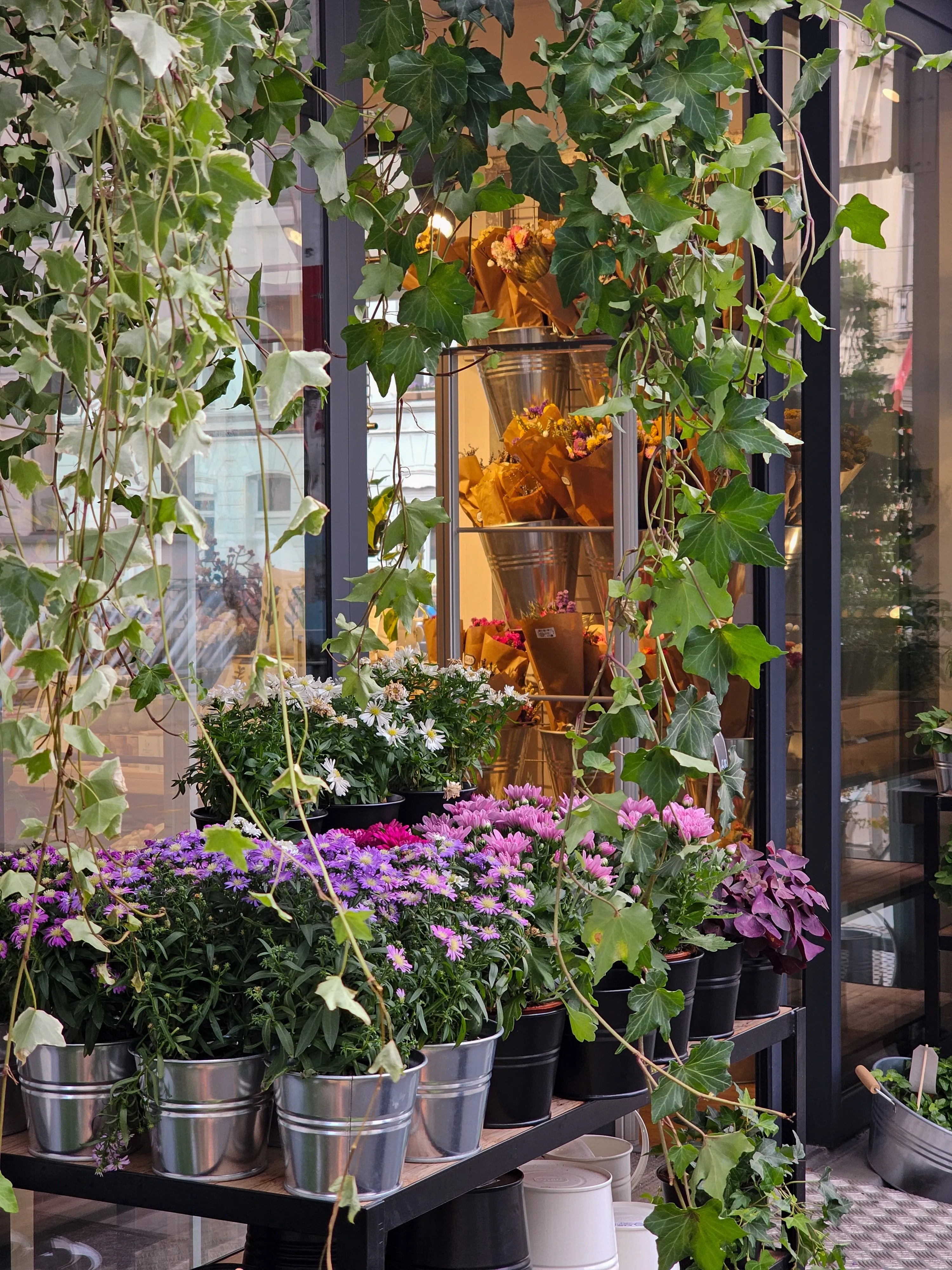 Independent florist shopfront with potted flowers and bouquets
