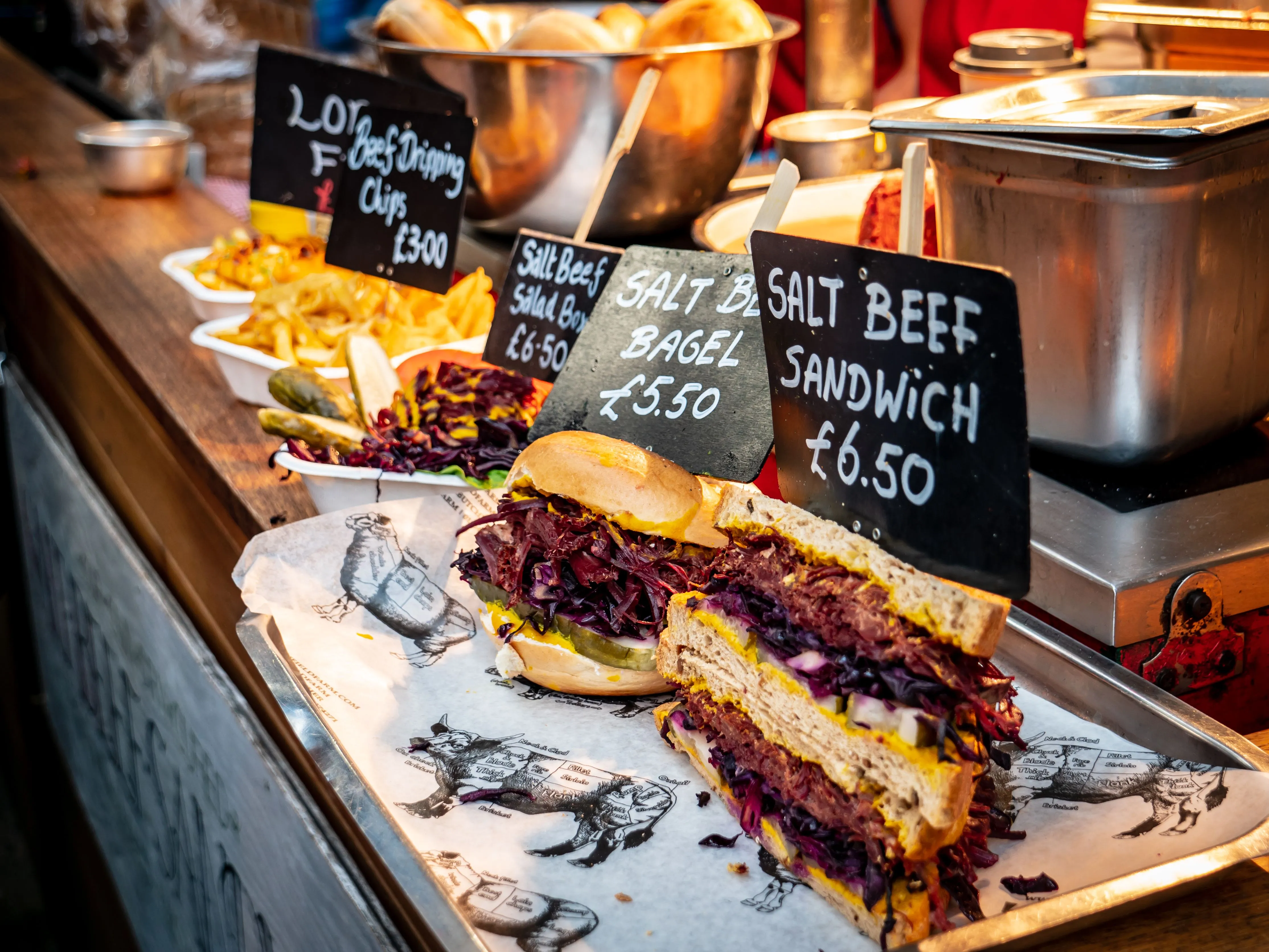 Market stall sandwiches with handwritten price signs in pounds