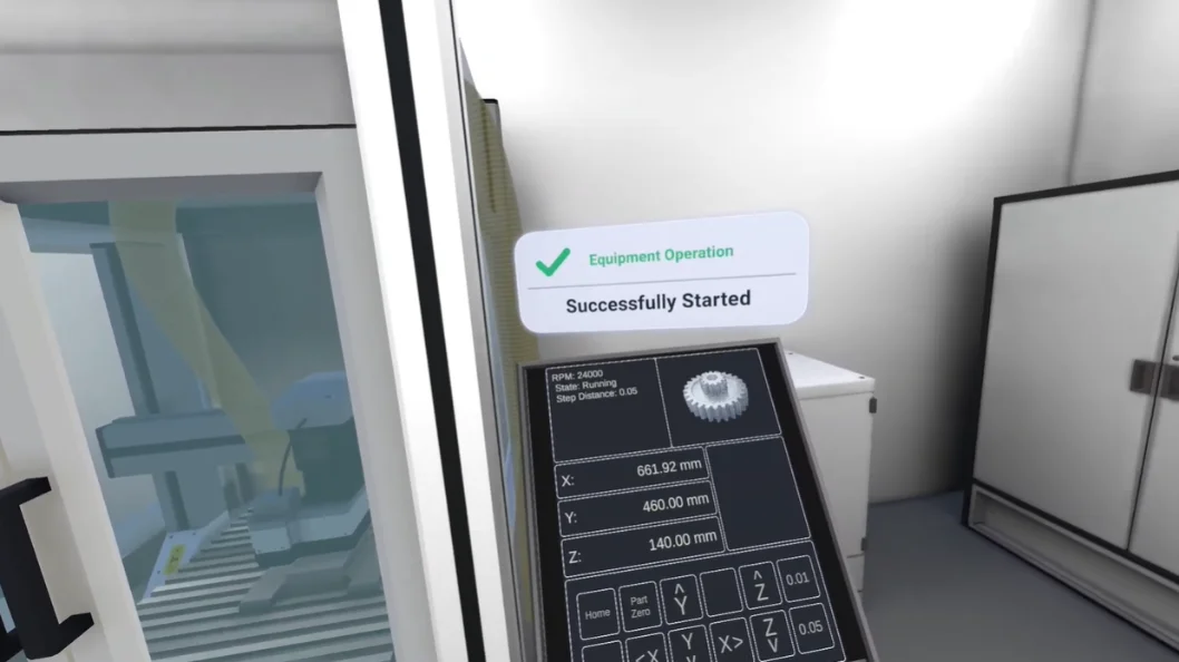 The CNC control panel in the simulation, confirming a successful start
