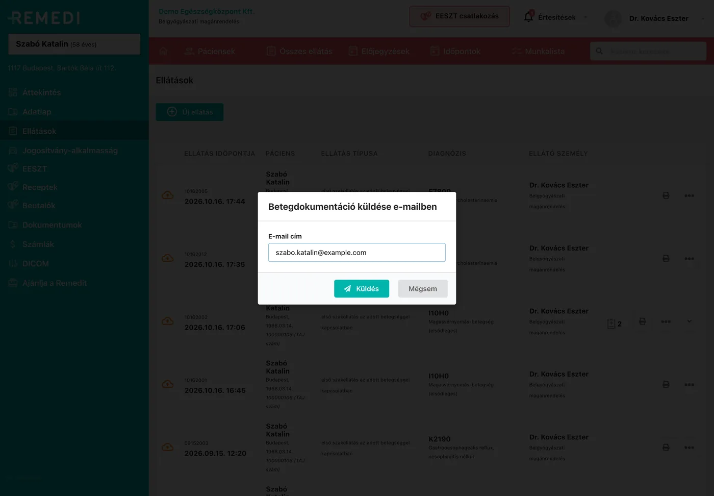 A küldés ablaka a páciens e-mail-címével. Ugyanígy néz ki a felírási igazolás küldésekor is.