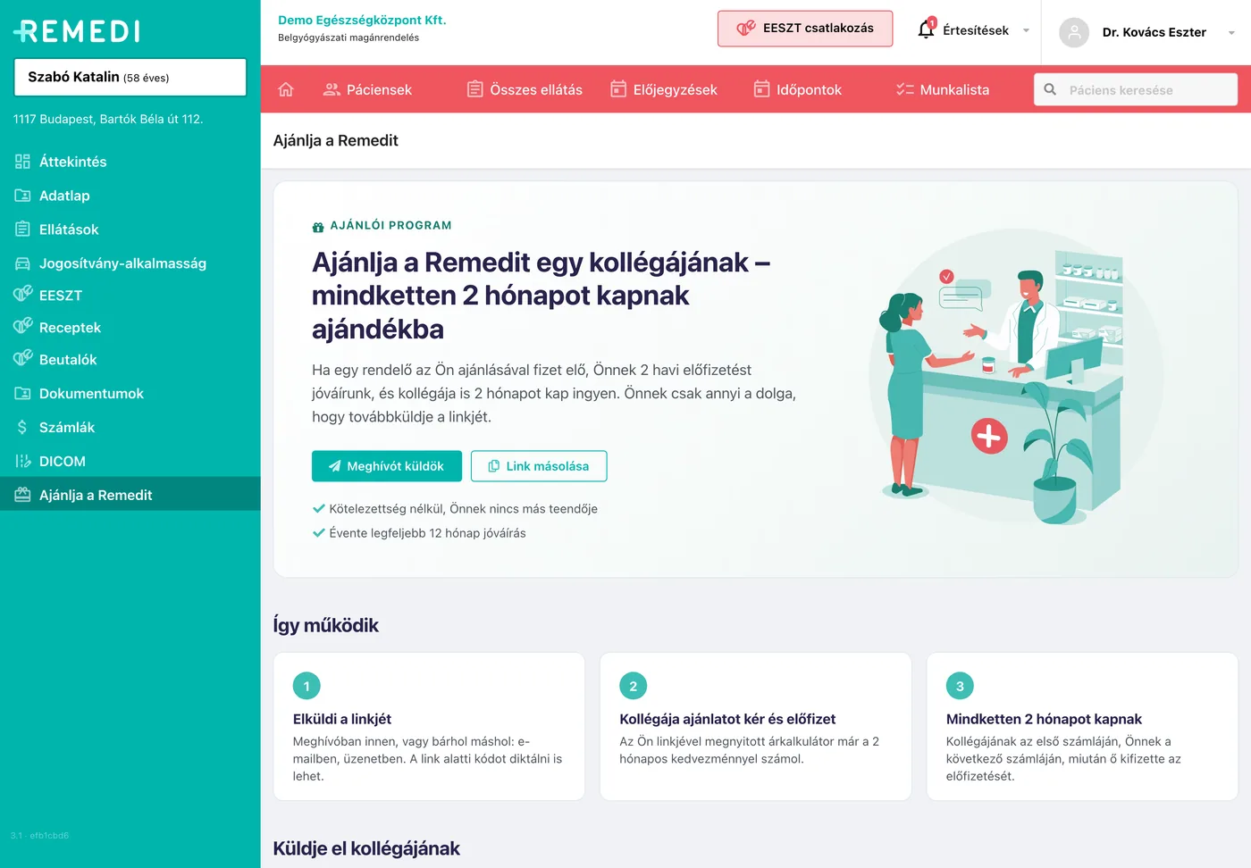 Az Ajánlja a Remedit oldal: a két lehetőség, a Meghívót küldök és a Link másolása gomb.