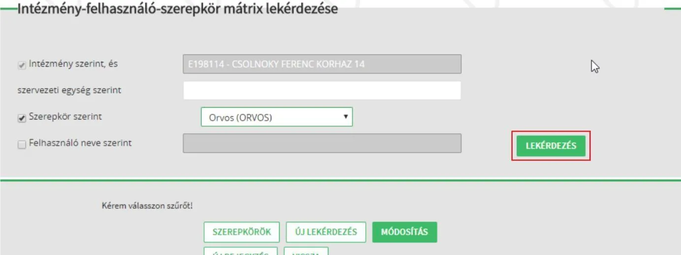VMÁTRIX lekérdezése szűrőkkel. (Forrás: EESZT VMÁTRIX kezelési tájékoztató)