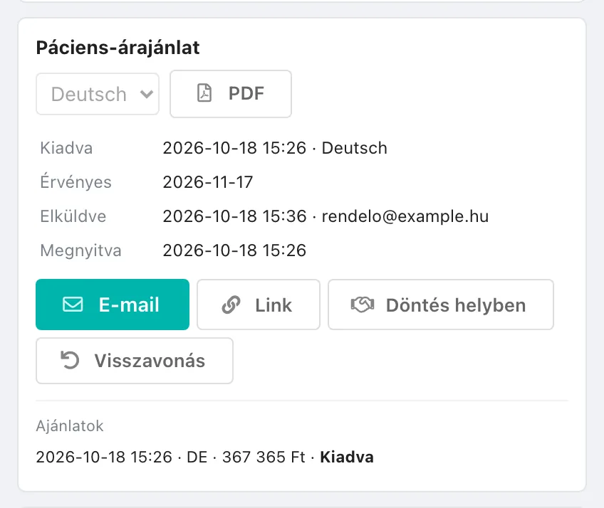 Kiadott ajánlat: kiadás, érvényesség, elküldés és megnyitás ideje, alatta a gombok.