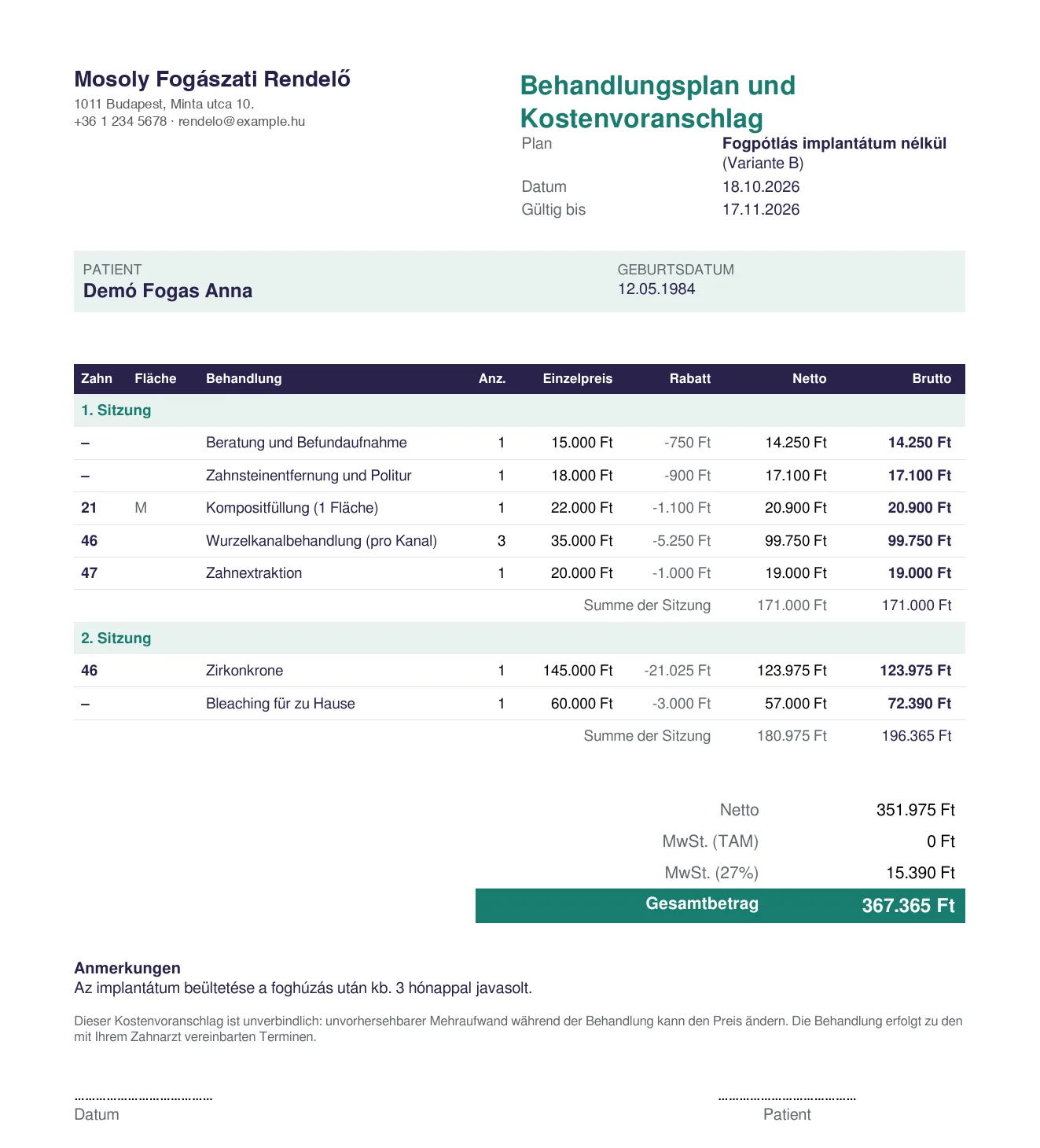 Német nyelvű árajánlat PDF-ben, két üléssel és végösszeggel.