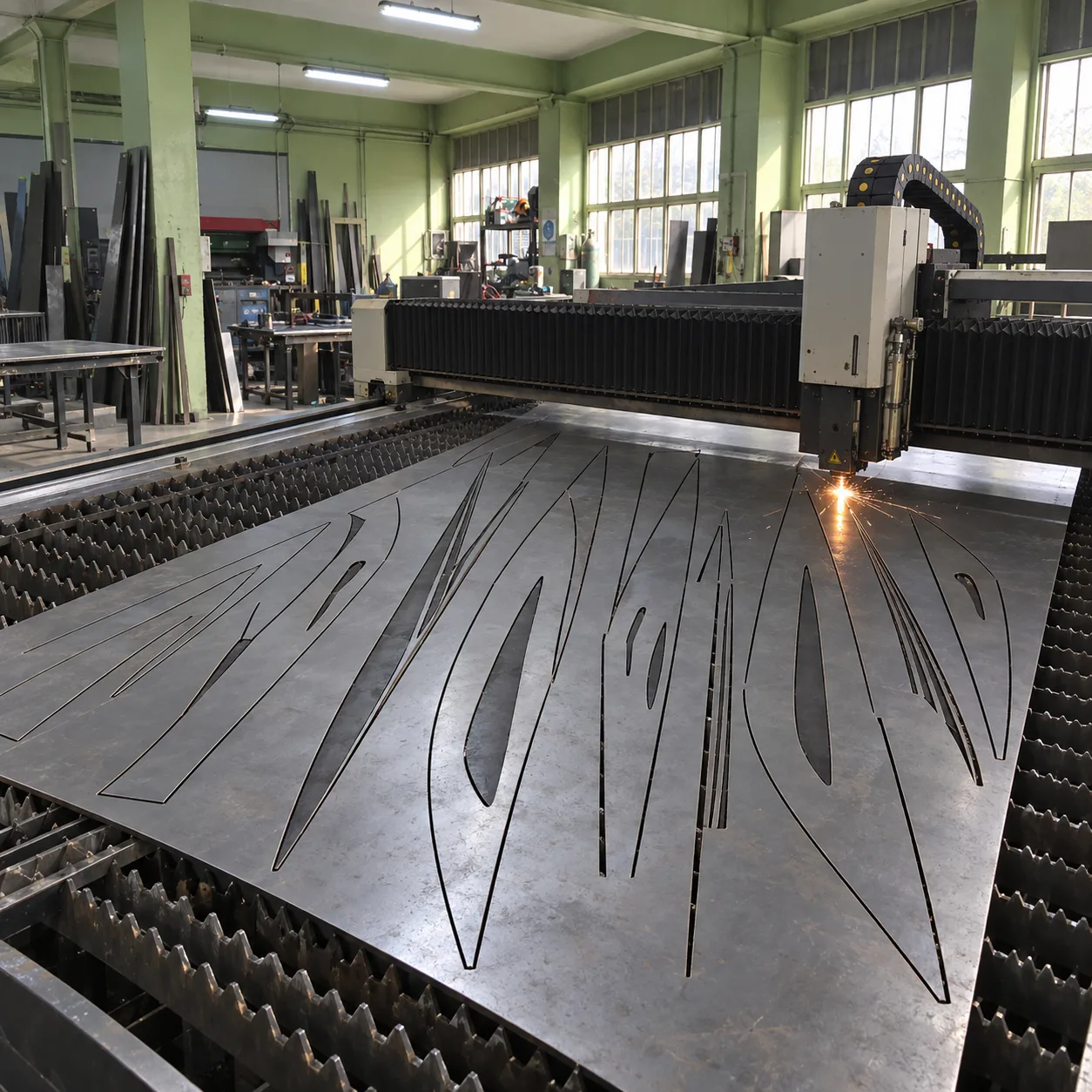 Blade profiles being laser cut from steel sheet