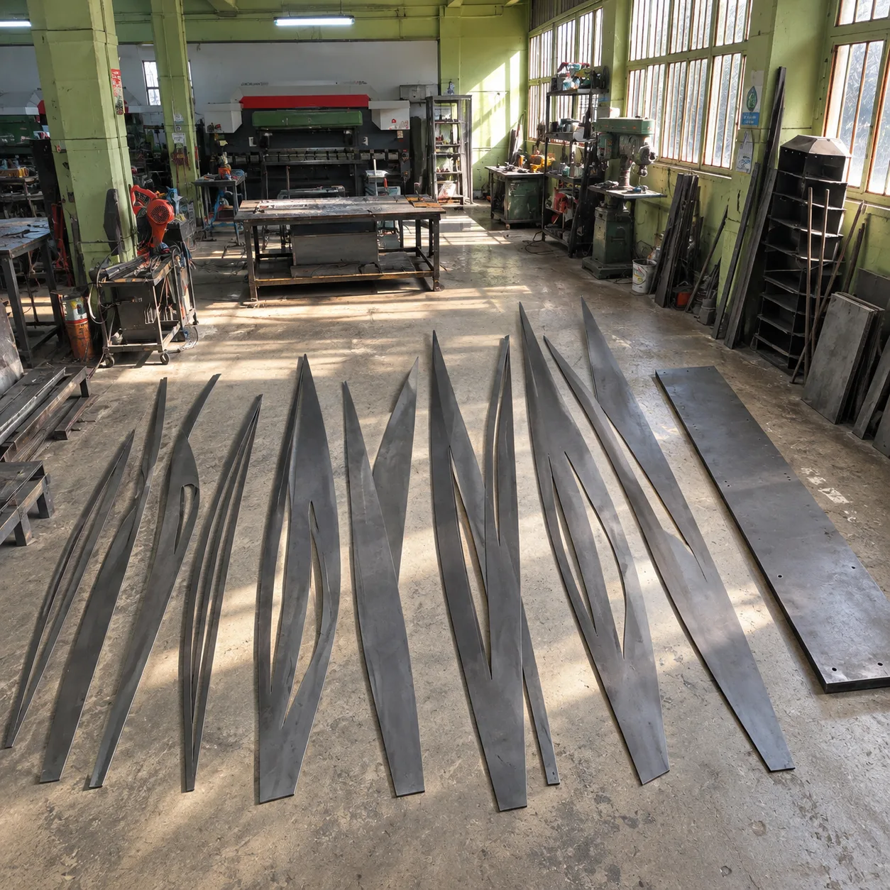 Laser-cut steel blades laid out on the workshop floor