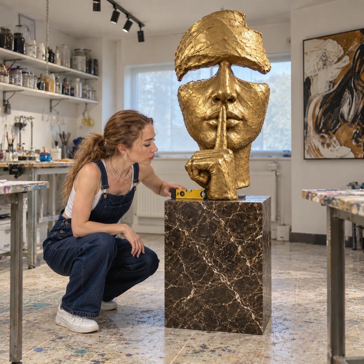 Placing the sculpture on the marble plinth