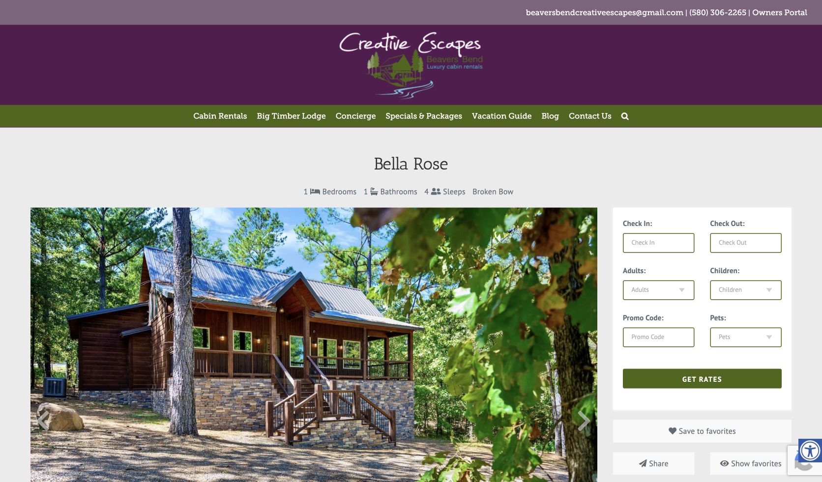 Bella Rose cabin listing showing its exterior among the trees