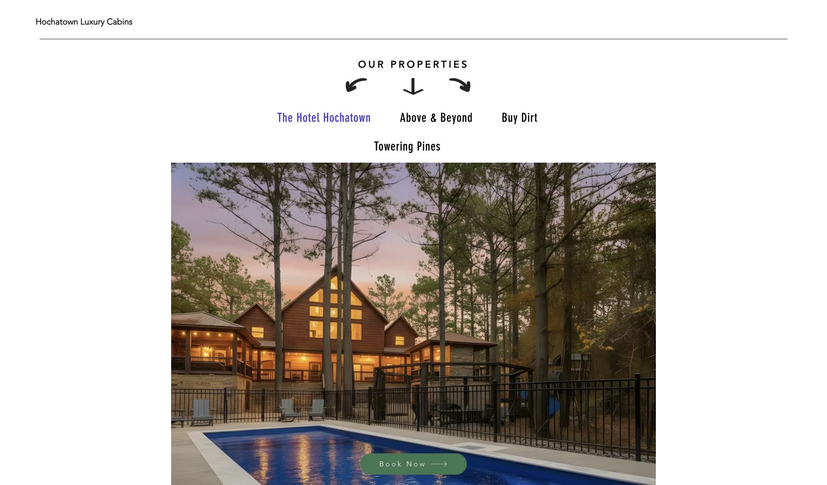 The Hotel Hochatown website showing the cabin entrance at dusk