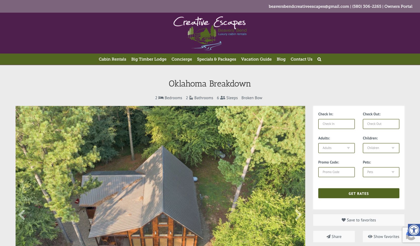 Oklahoma Breakdown listing showing the cabin surrounded by pine trees