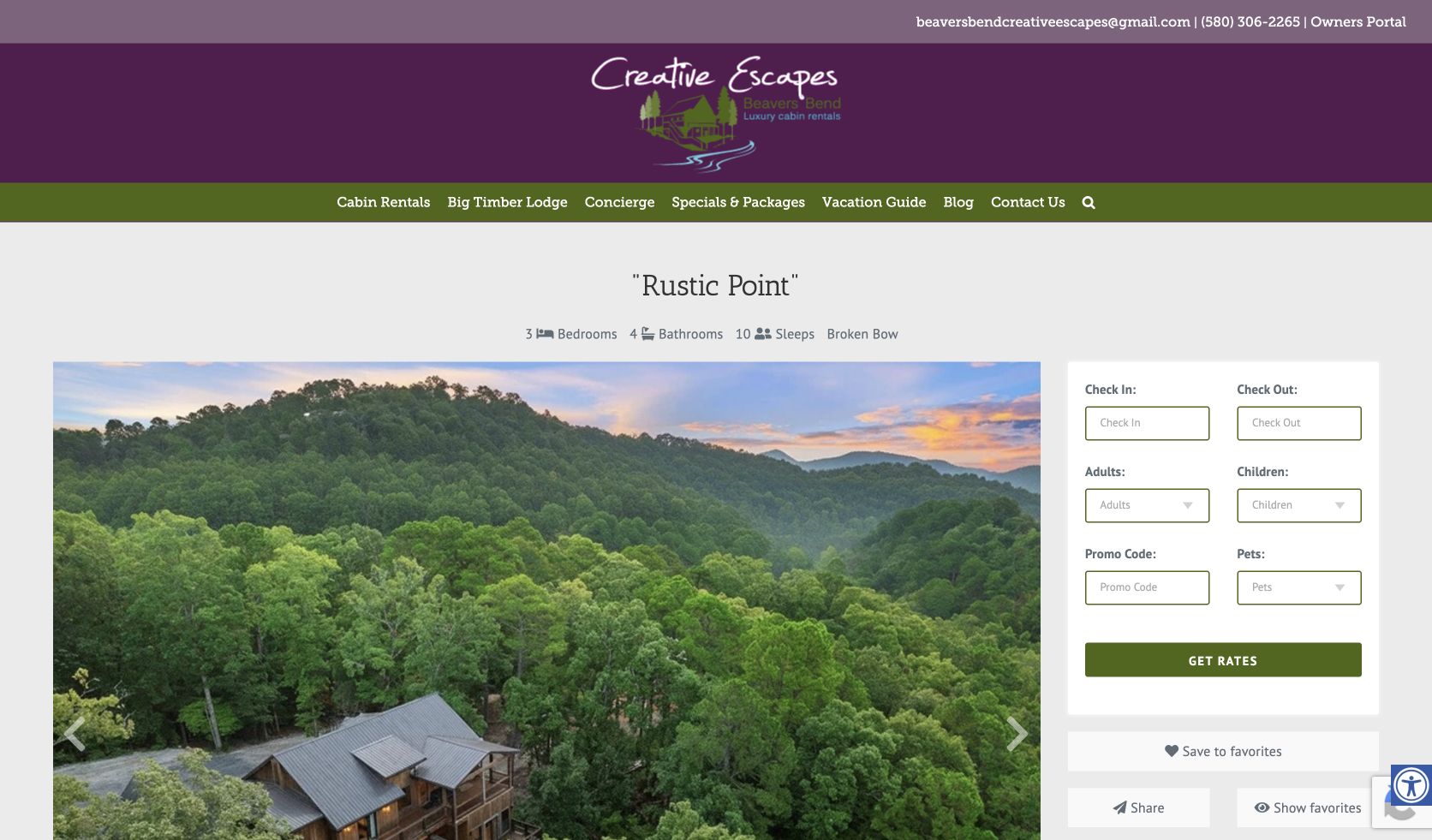 Rustic Point listing showing the cabin and surrounding wooded hills