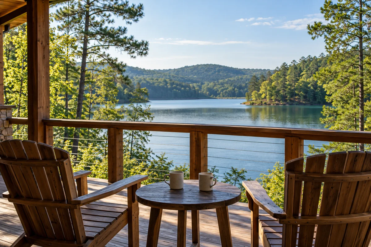 AI-generated illustration of two wooden chairs on a lakeside lodge balcony