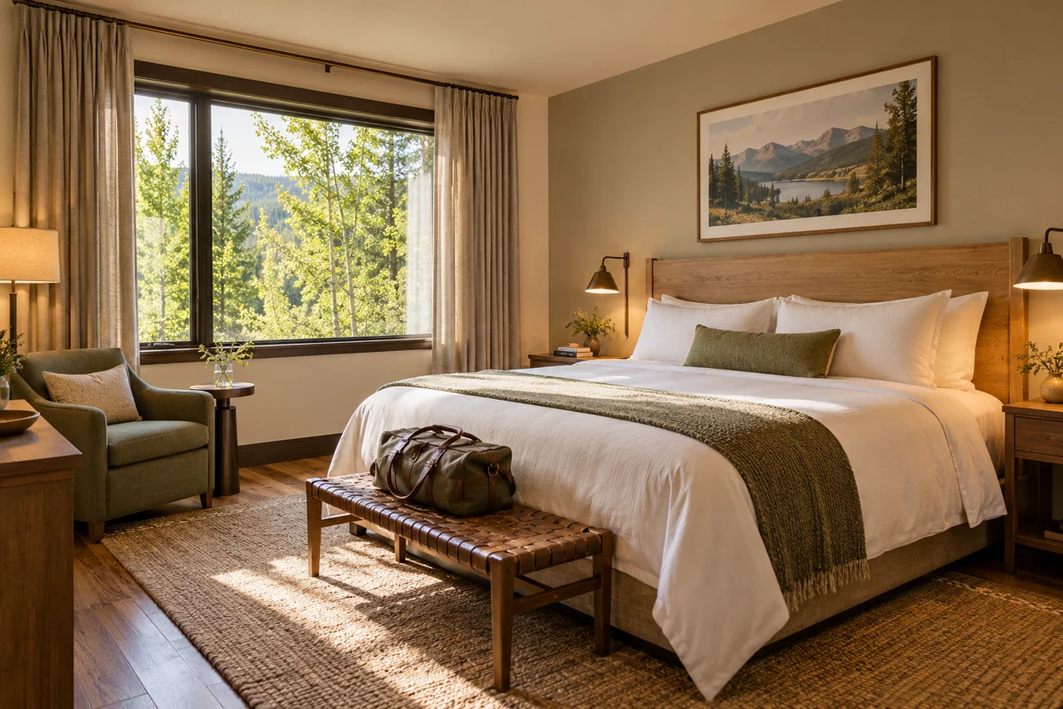 AI-generated illustration of a welcoming hotel room with a king bed, oak furnishings, and soft daylight