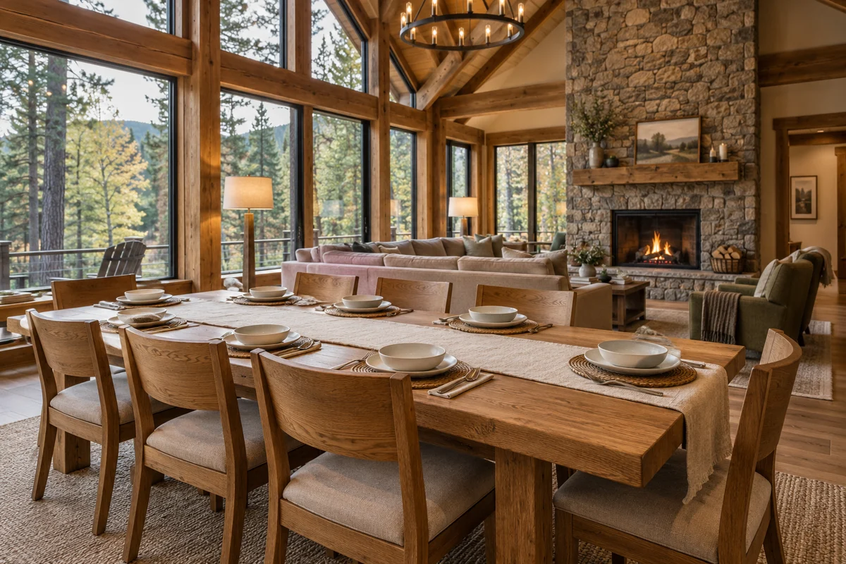 AI-generated illustration of a group cabin dining room beside a living area and stone fireplace