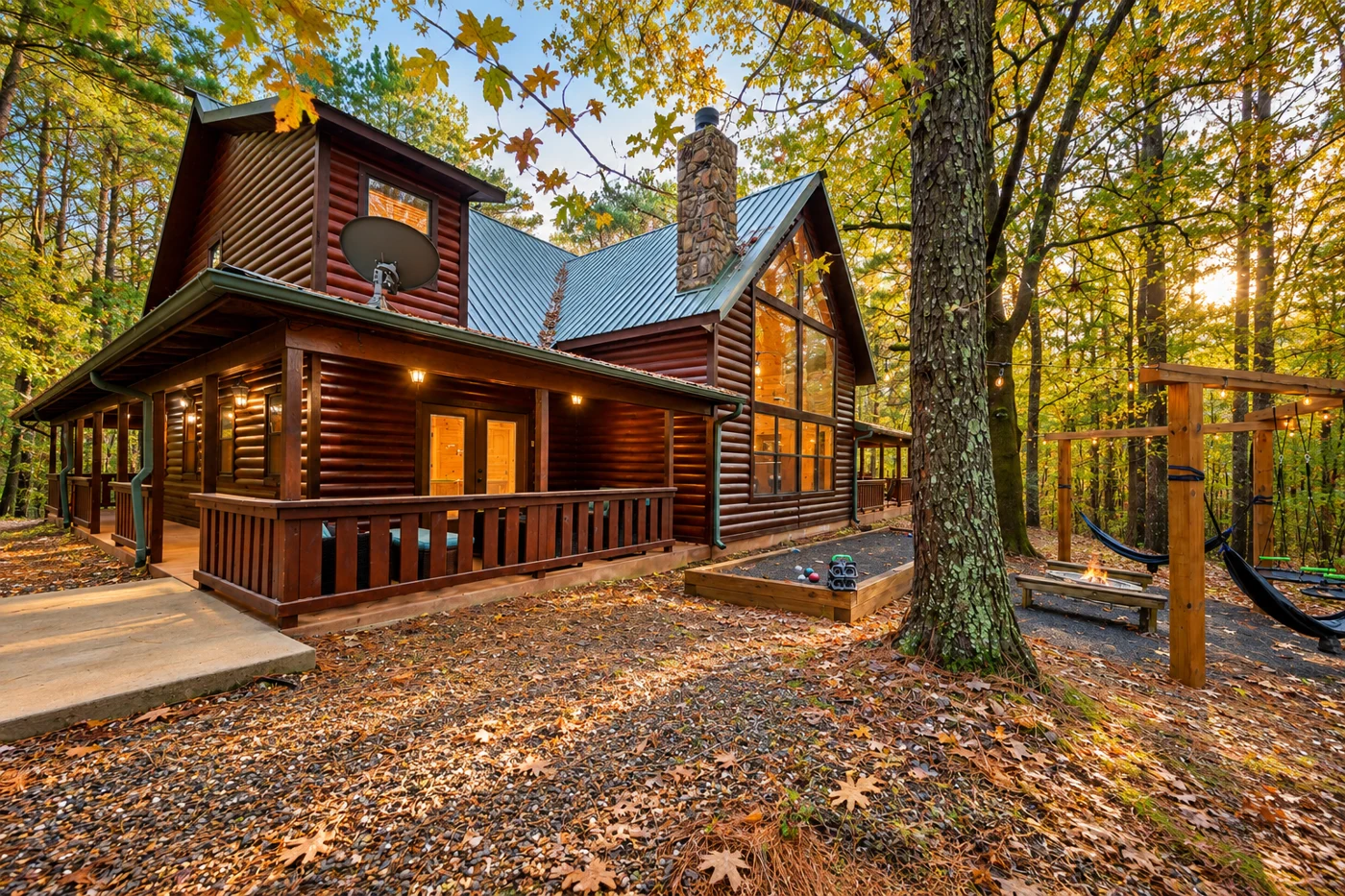 Reference-based illustration of Breckoma Lodge's log exterior, covered porch and tall stone chimney