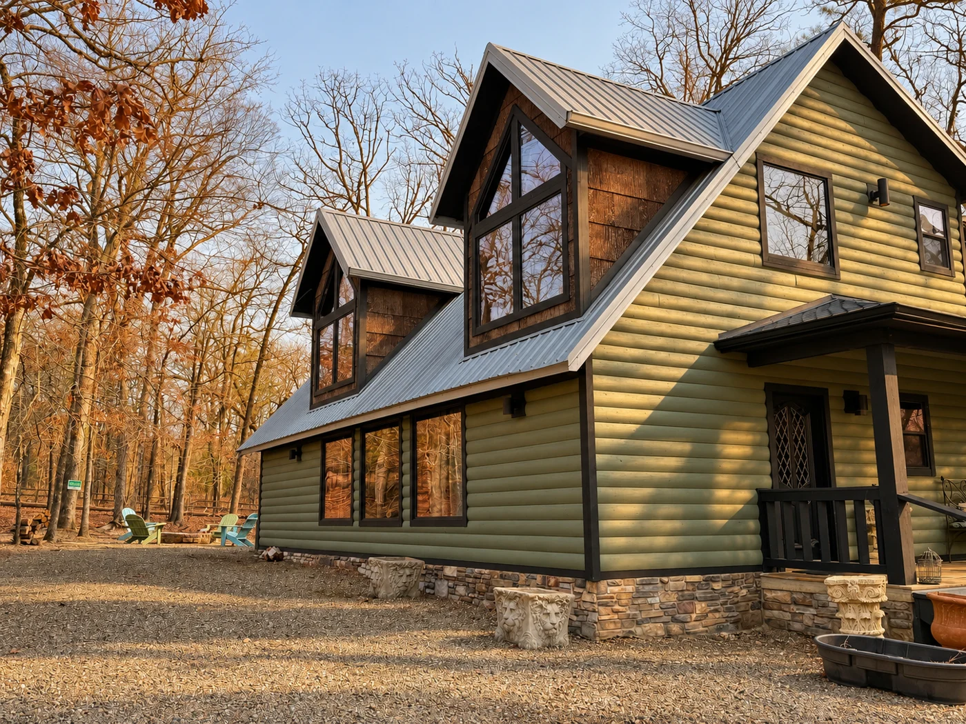 Reference-based illustration of Emerald City's green log exterior and silver gabled roof