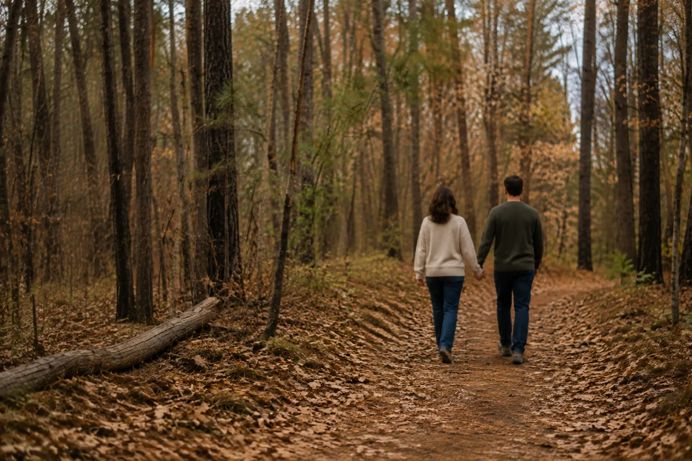 A couple walking together on a leaf-covered forest trail