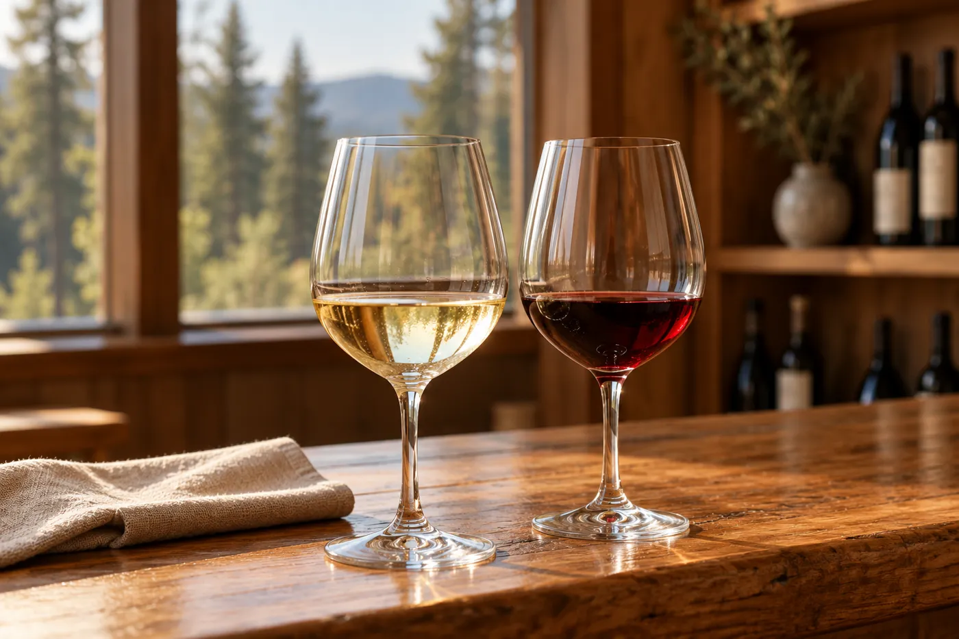 Two glasses of wine on a wooden tasting-room counter