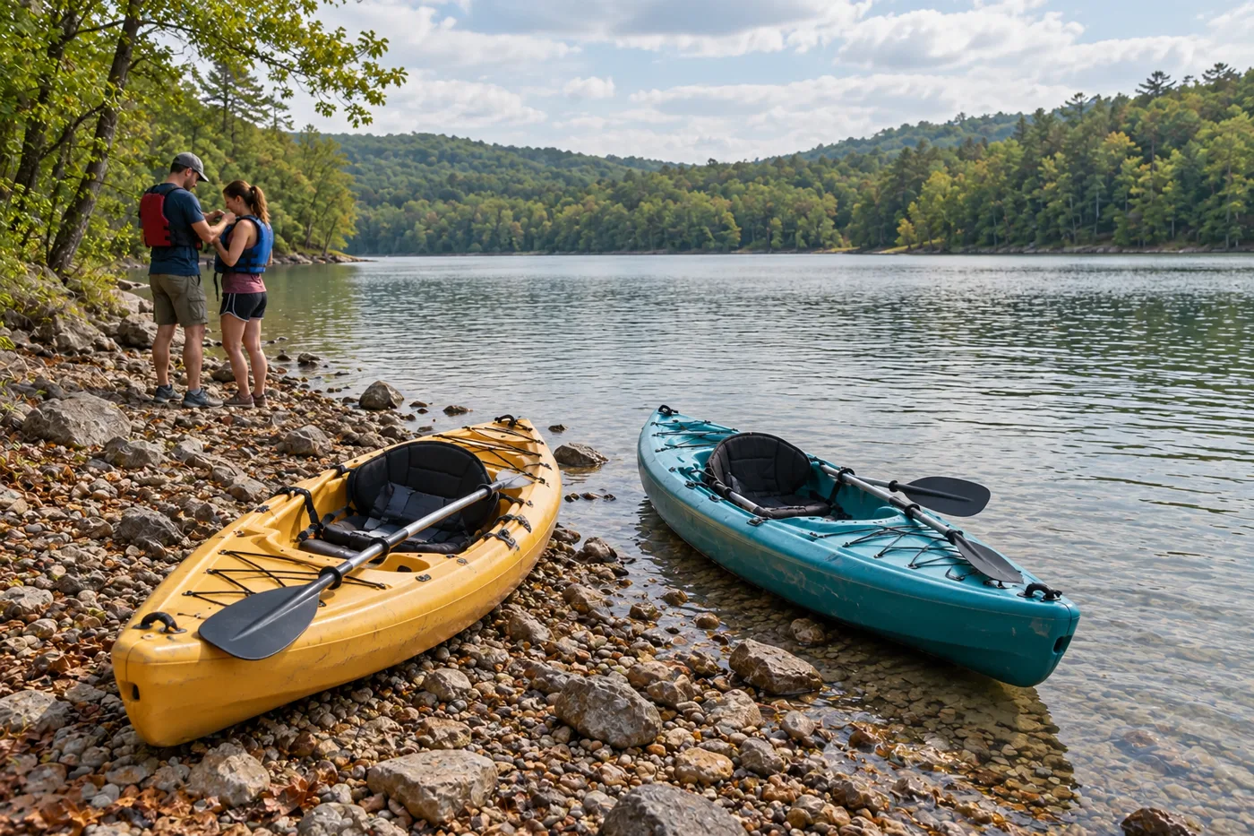 A couple preparing for a lake outing beside two kayaks on an uneven rocky shore