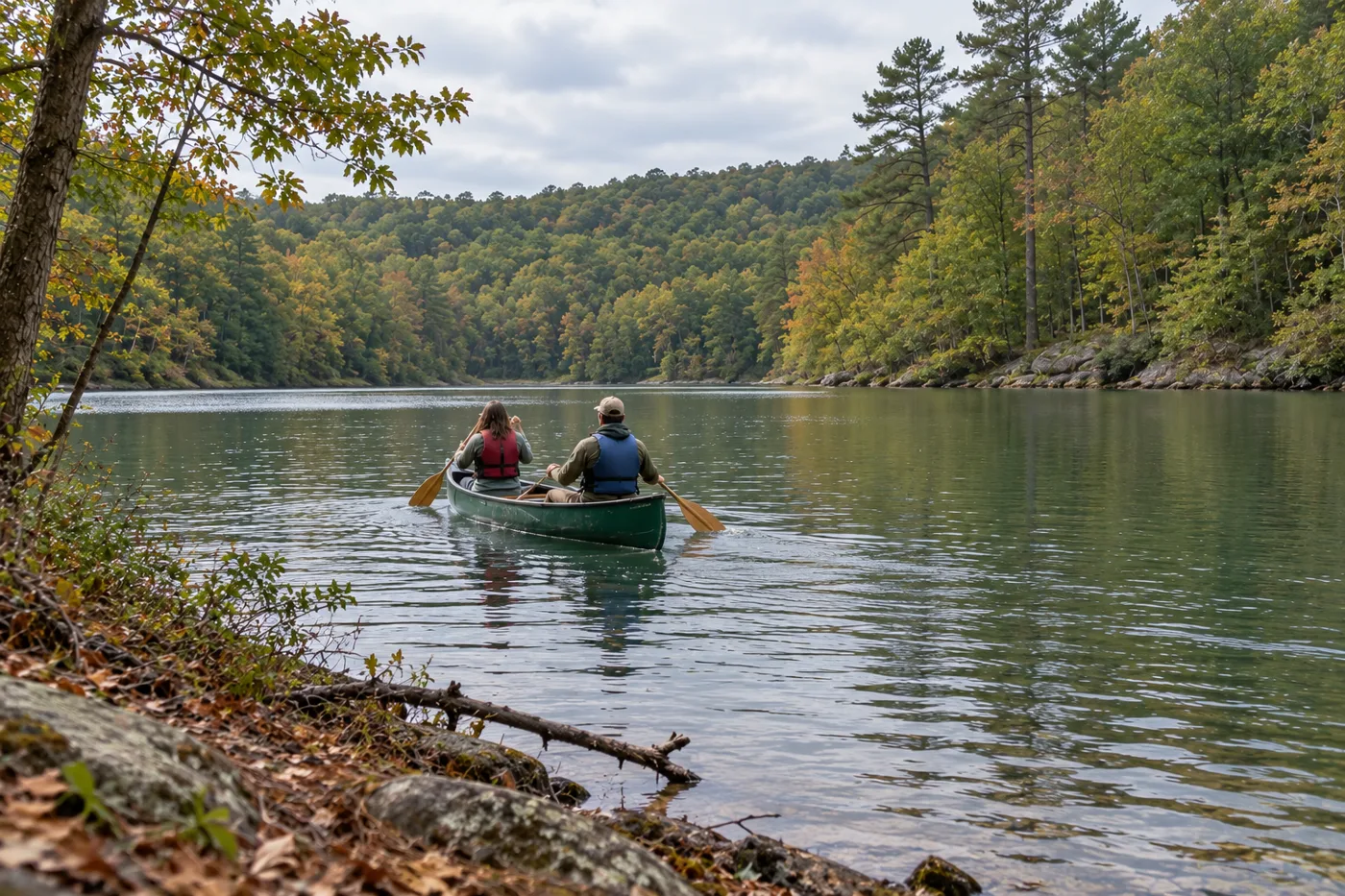 A couple paddling a canoe together on a softly lit forest-lined lake, shown for illustration