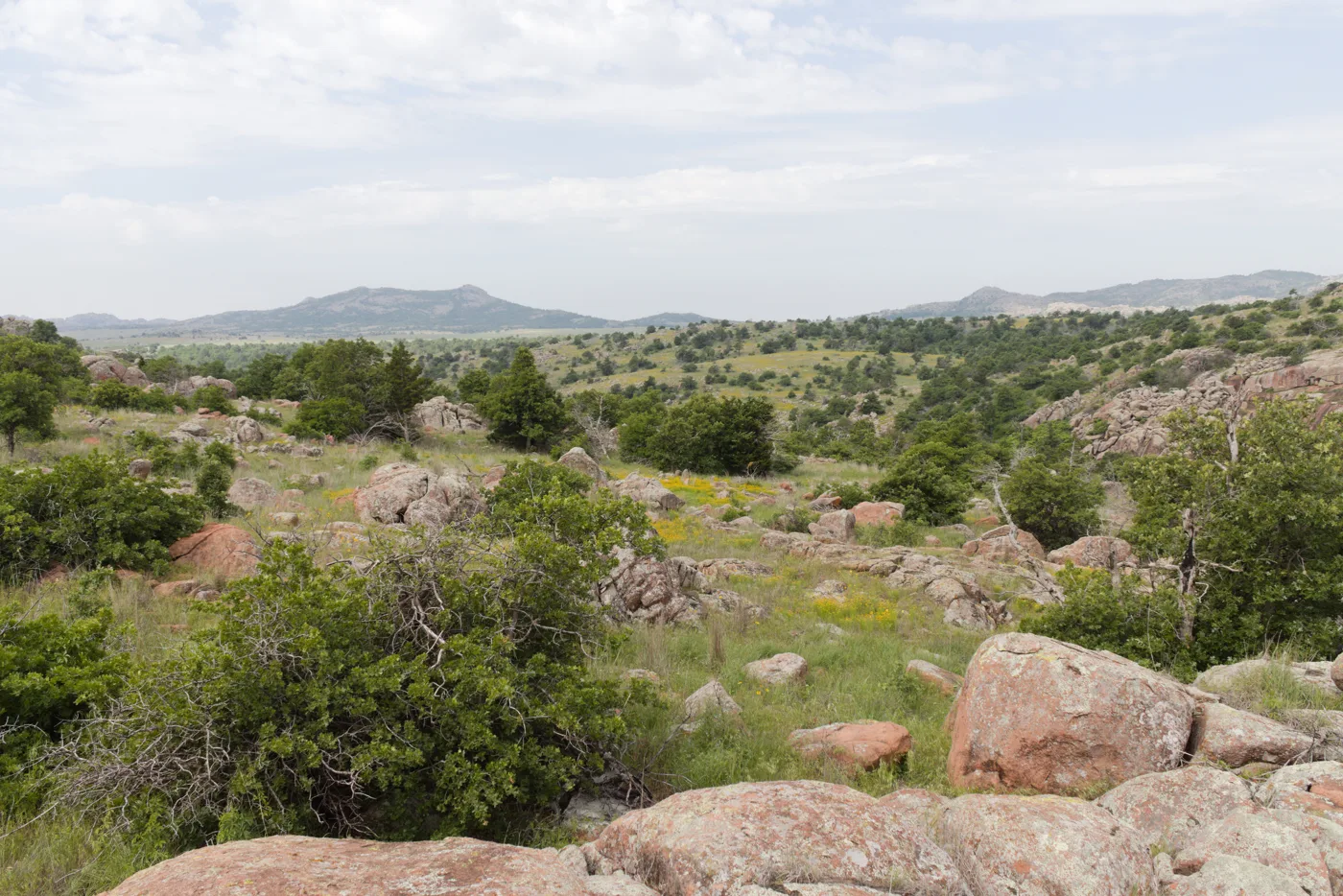 Granite rocks, scrub oak and low hills at Wichita Mountains Wildlife Refuge